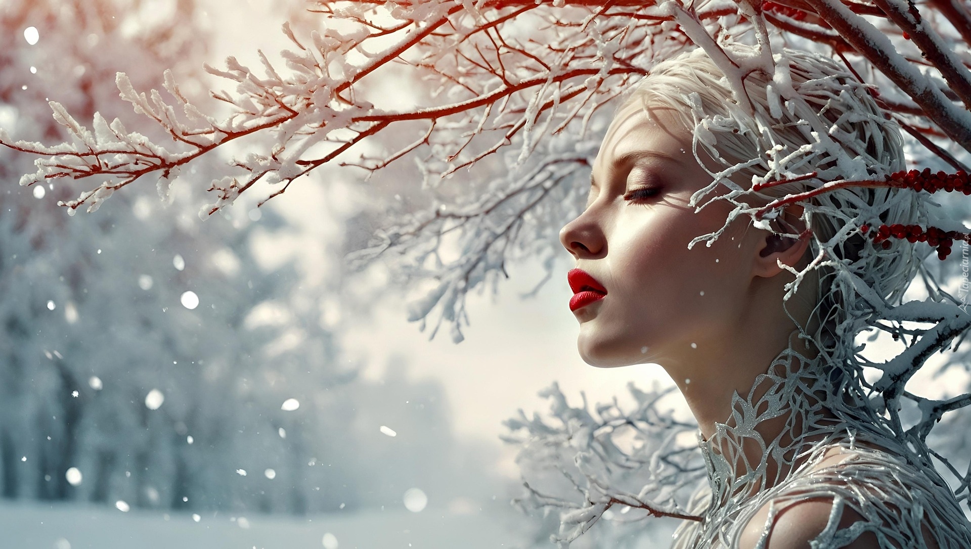 Kobieta, Twarz, Zamknięte, Oczy, Gałązki, Śnieg