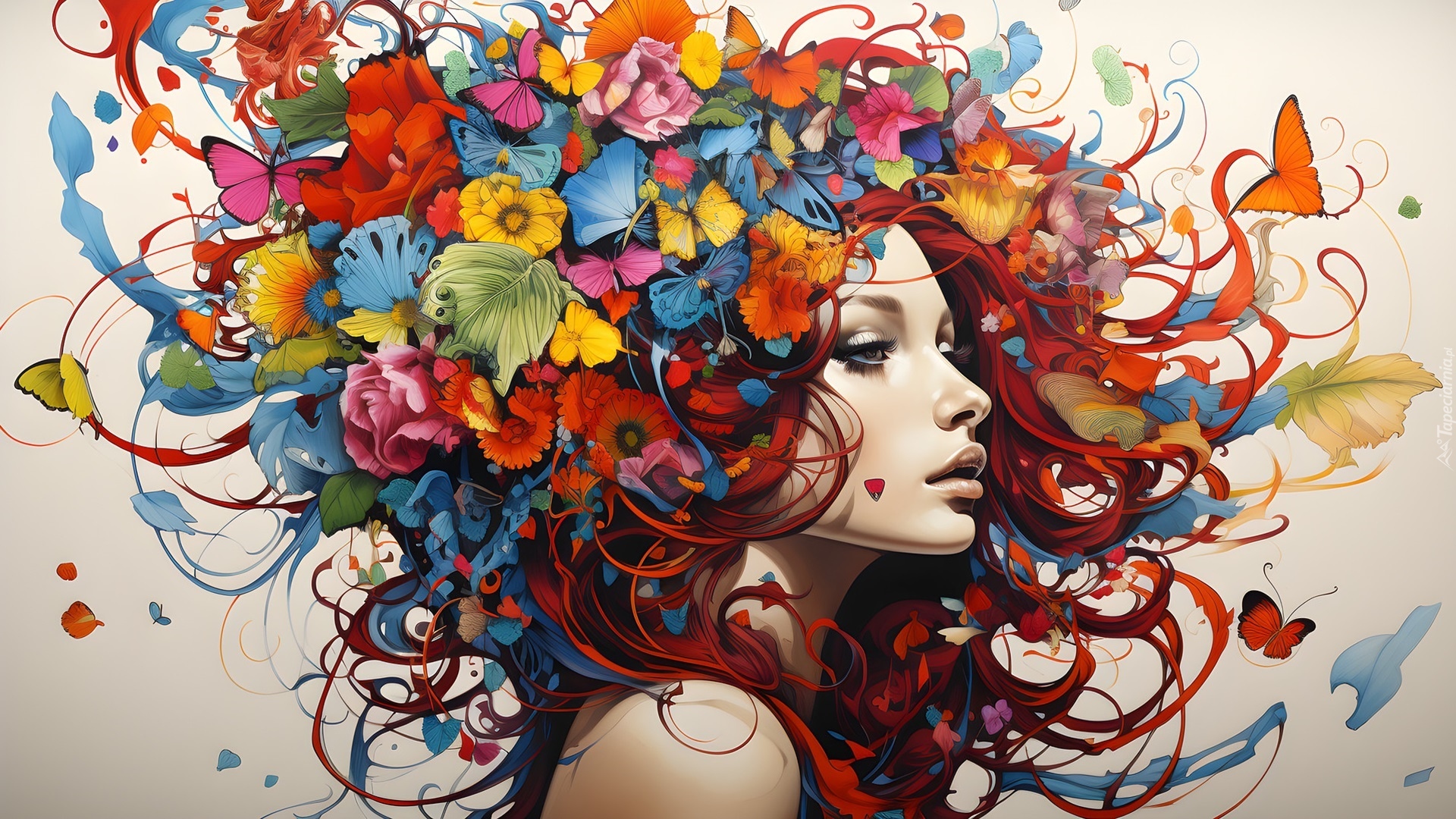 Grafika, Kobieta, Twarz, Kolorowe, Kwiaty