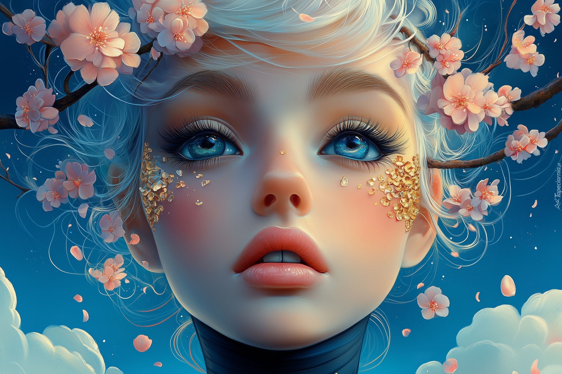 Dziewczyna, Twarz, Niebieskie, Oczy, Kwiaty, Grafika AI