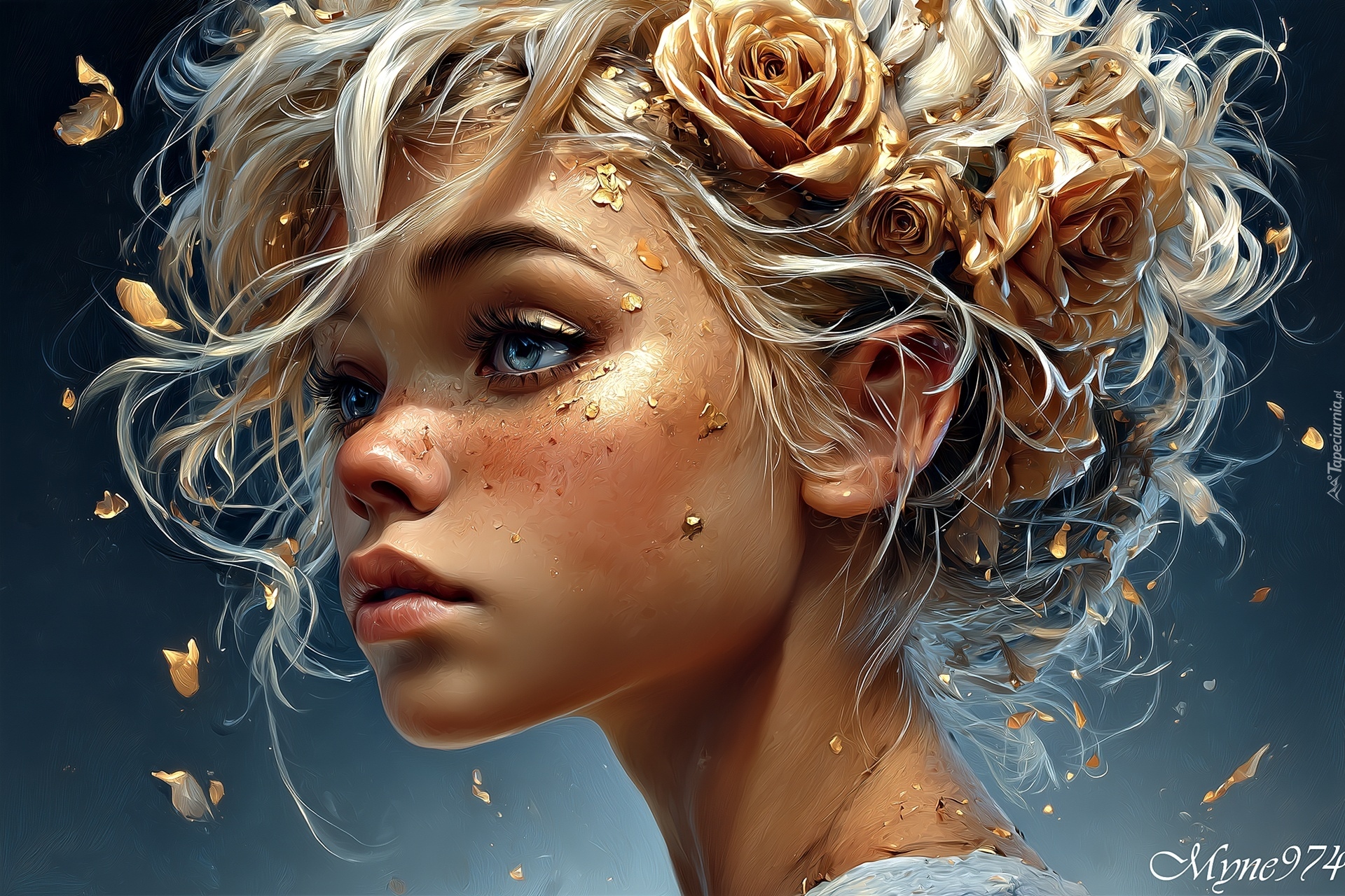 Zamyślona, Dziewczyna, Twarz, Upięte, Włosy, Kwiaty, Grafika AI