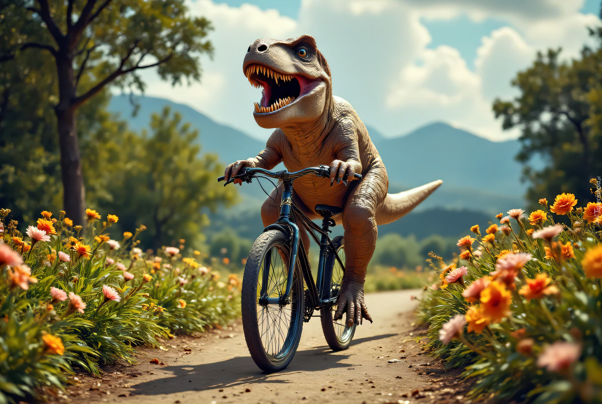 Śmieszne, Dinozaur, Tyranozaur, Rower, Kwiaty, Ścieżka