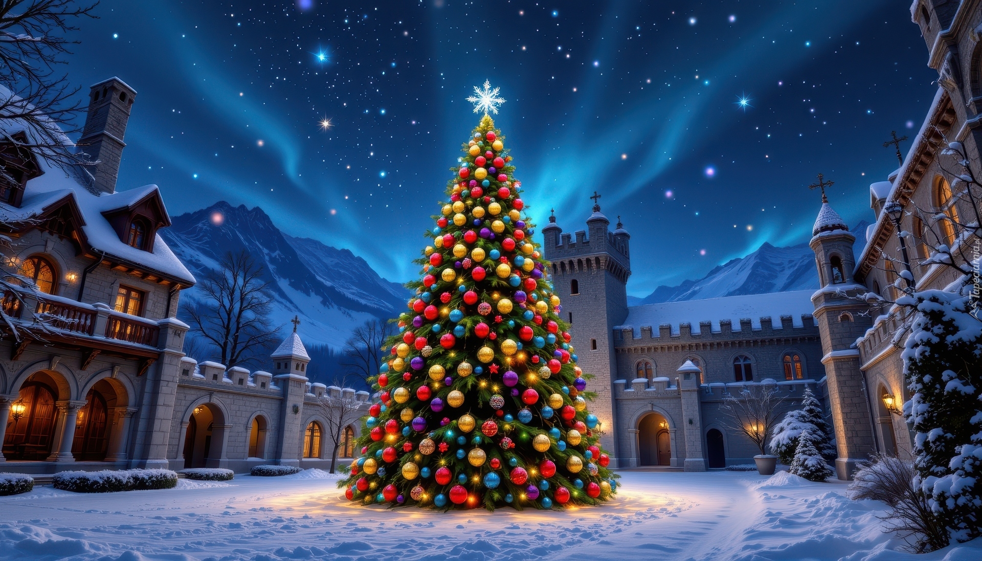 Boże Narodzenie, Choinka, Bombki, Zima, Dziedziniec, Wieża, Domy, Zorza polarna