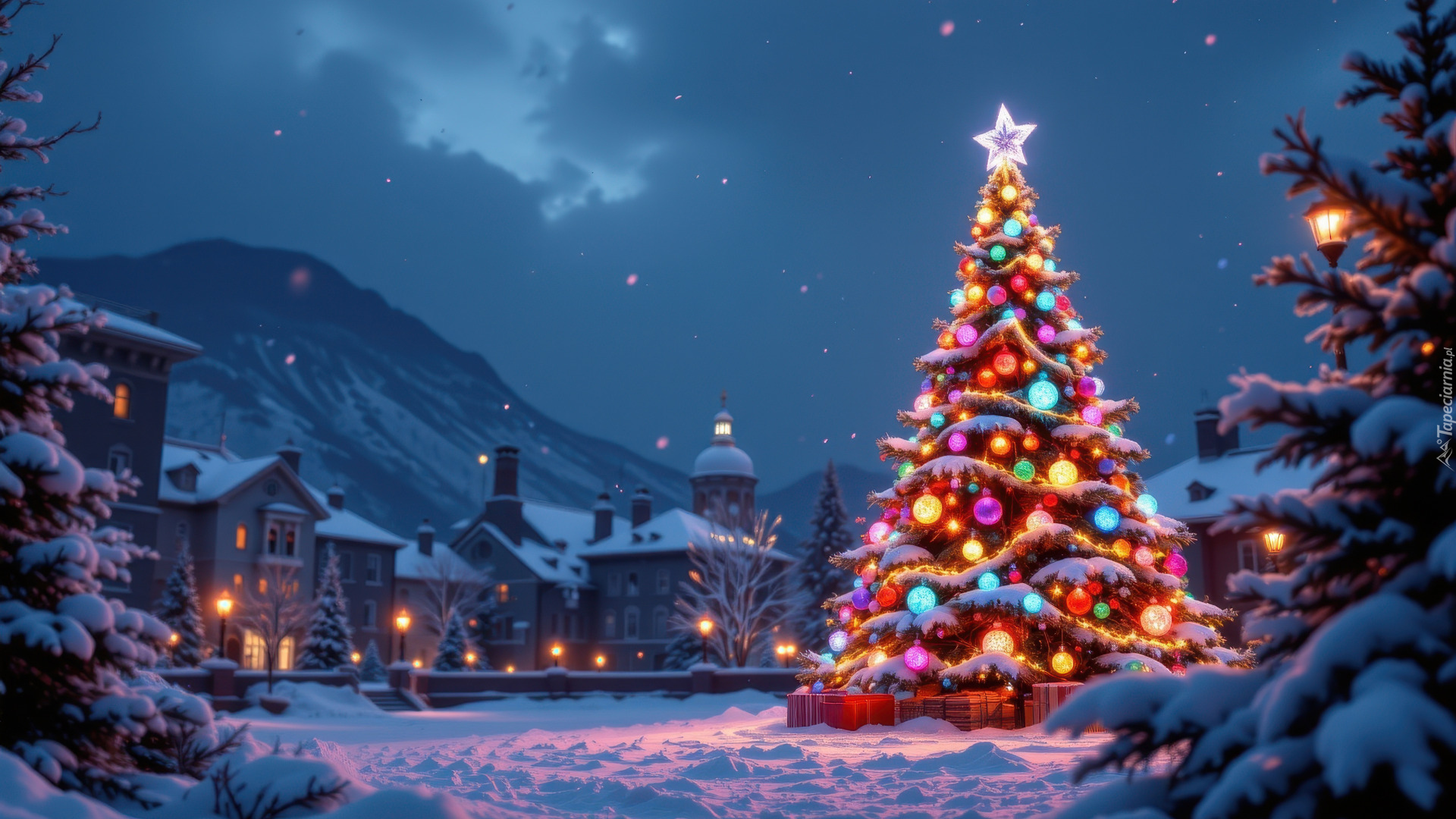 Zima, Śnieg, Udekorowana, Choinka, Domy, Góry, Boże Narodzenie, AI