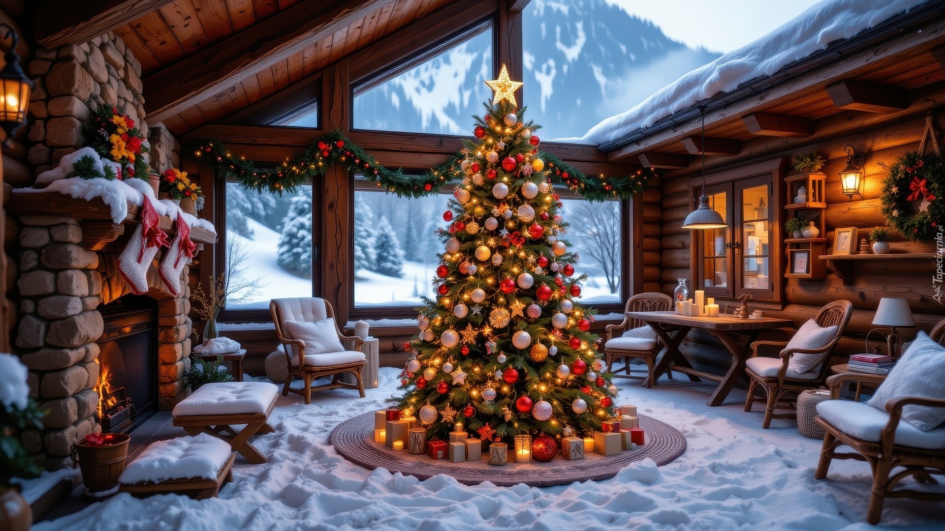 Boże Narodzenie, Choinka, Bombki, Kominek, Krzesła, Okno, Zima, Al