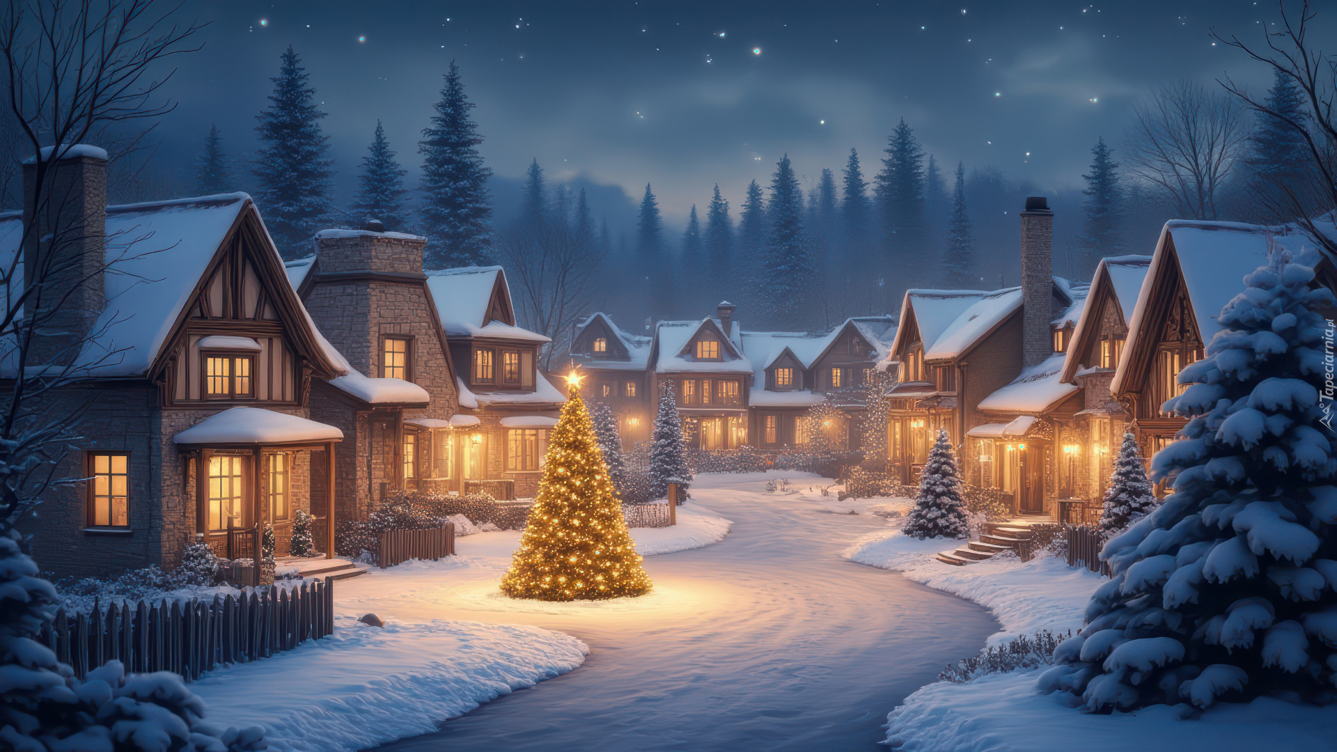 Boże Narodzenie, Zima, Choinki, Domy, Noc, Droga