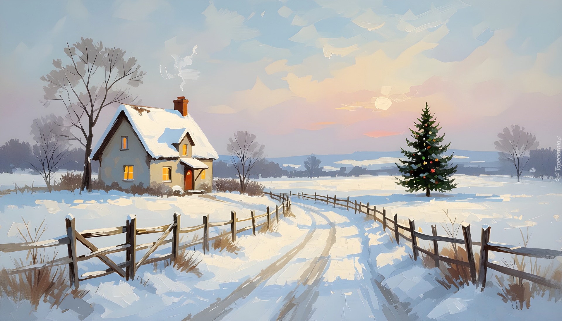 Zima, Droga, Ogrodzenie, Dom, Choinka, Boże Narodzenie