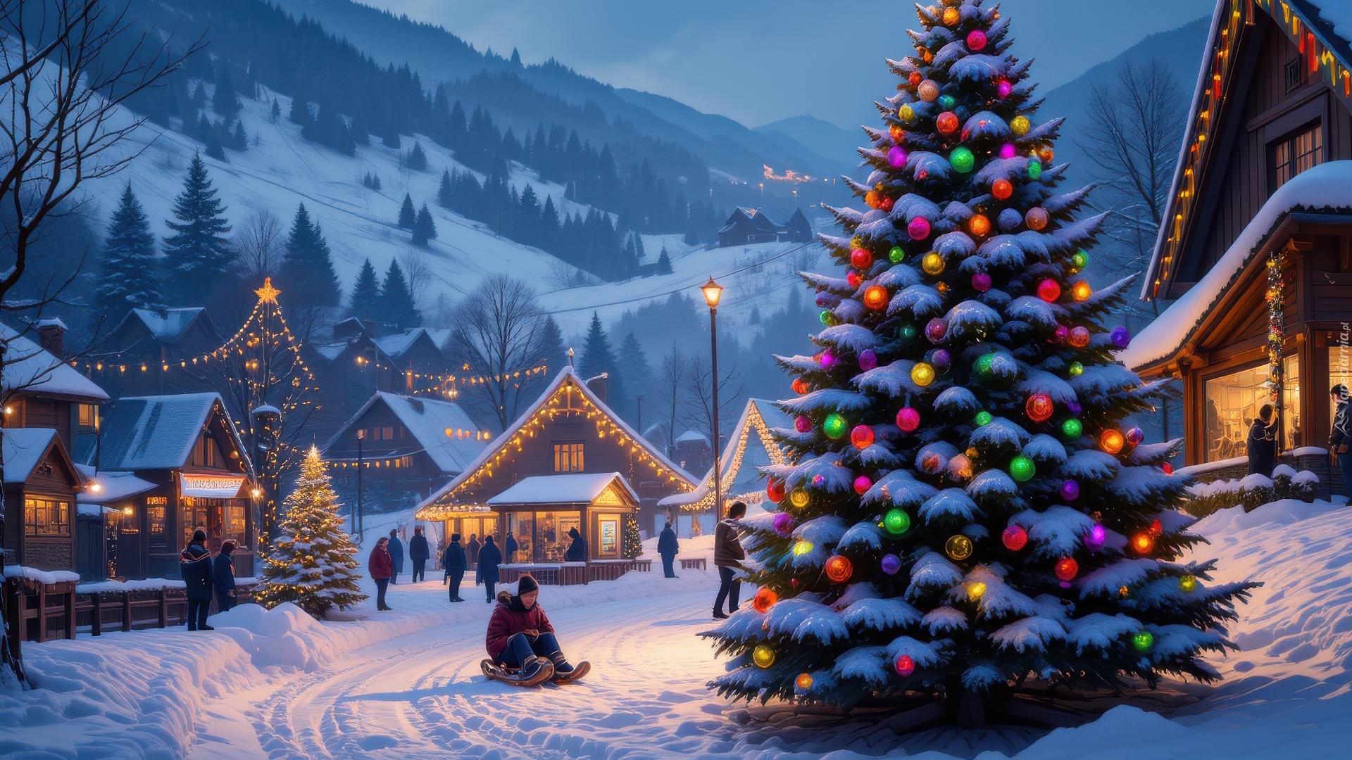 Zima, Boże Narodzenie, Domy, Udekorowana, Choinka, Góry, Ludzie