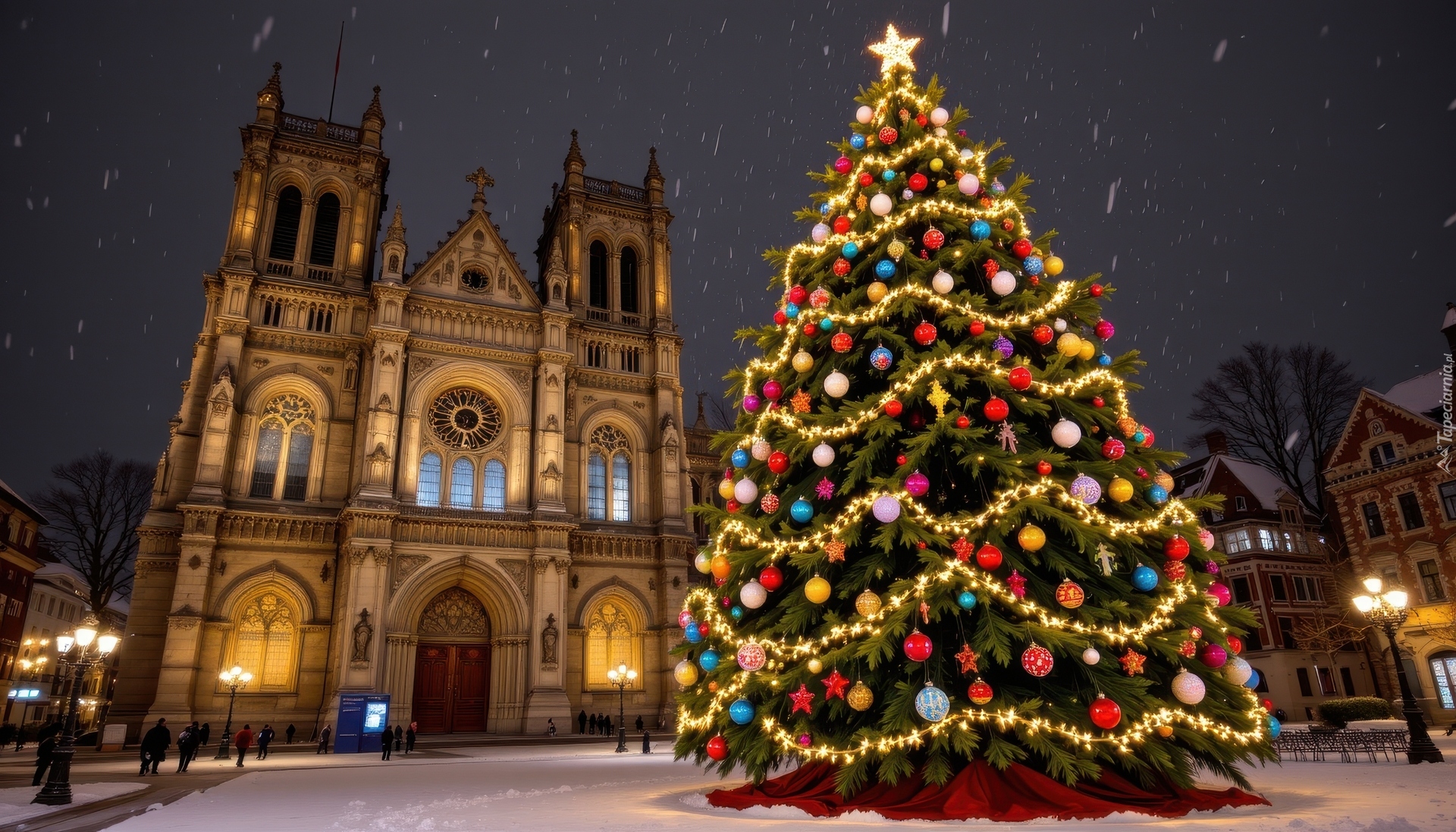 Boże Narodzenie, Udekorowana, Choinka, Kościół, Fasada, Latarnie, Zima