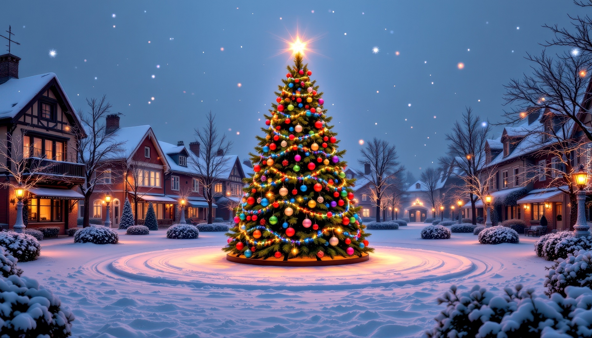 Boże Narodzenie, Choinka, Domy, Grafika AI