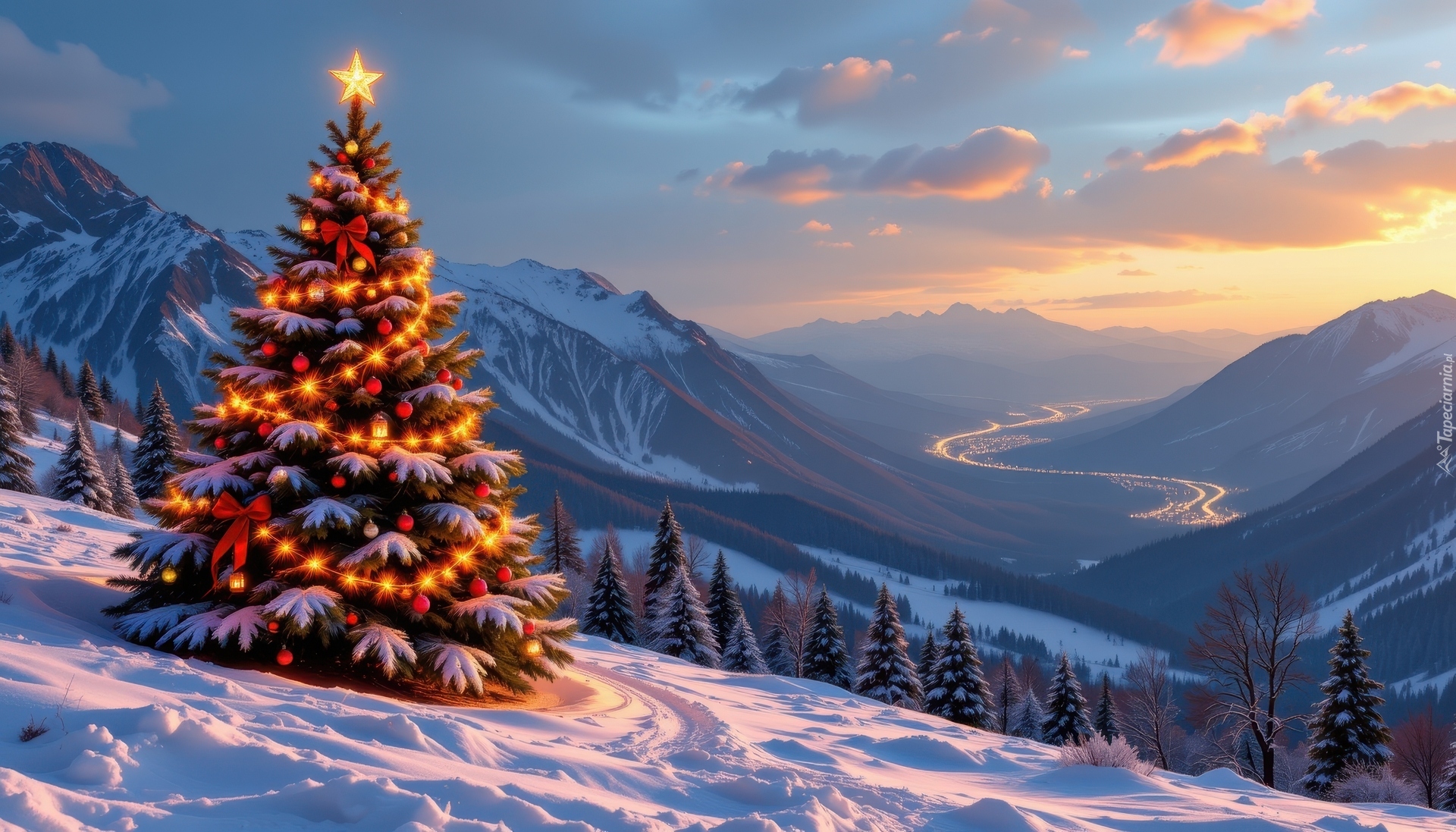 Boże Narodzenie, Zima, Choinka, Zbocze, Góry, Dolina, AI