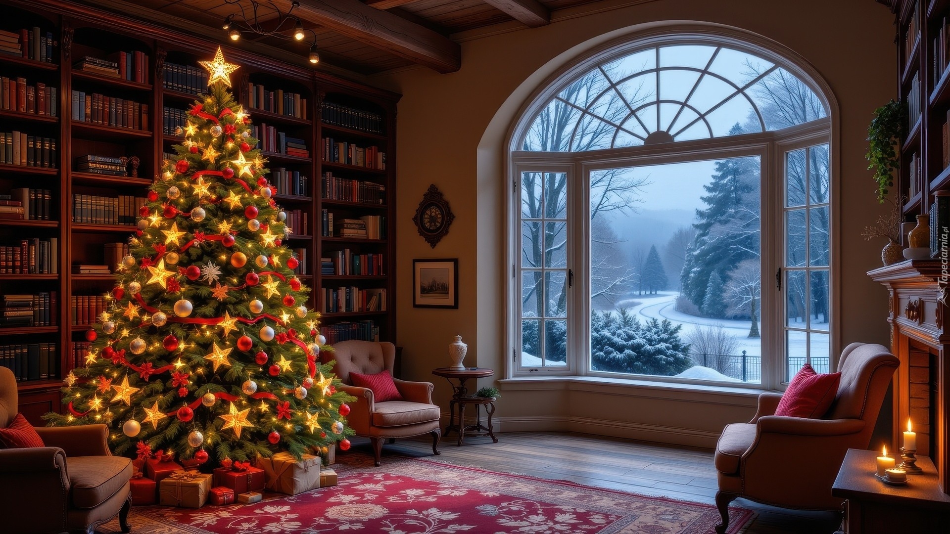 Boże Narodzenie, Salon, Udekorowana, Choinka, Książki, Fotele, Prezenty, Okno, Zima