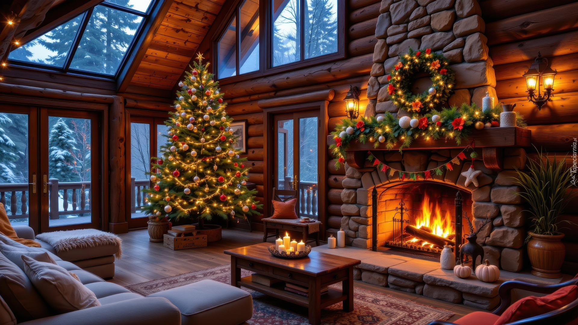 Pokój, Sofa, Dywan, Udekorowana, Choinka, Kominek, Okna, Boże Narodzenie, AI