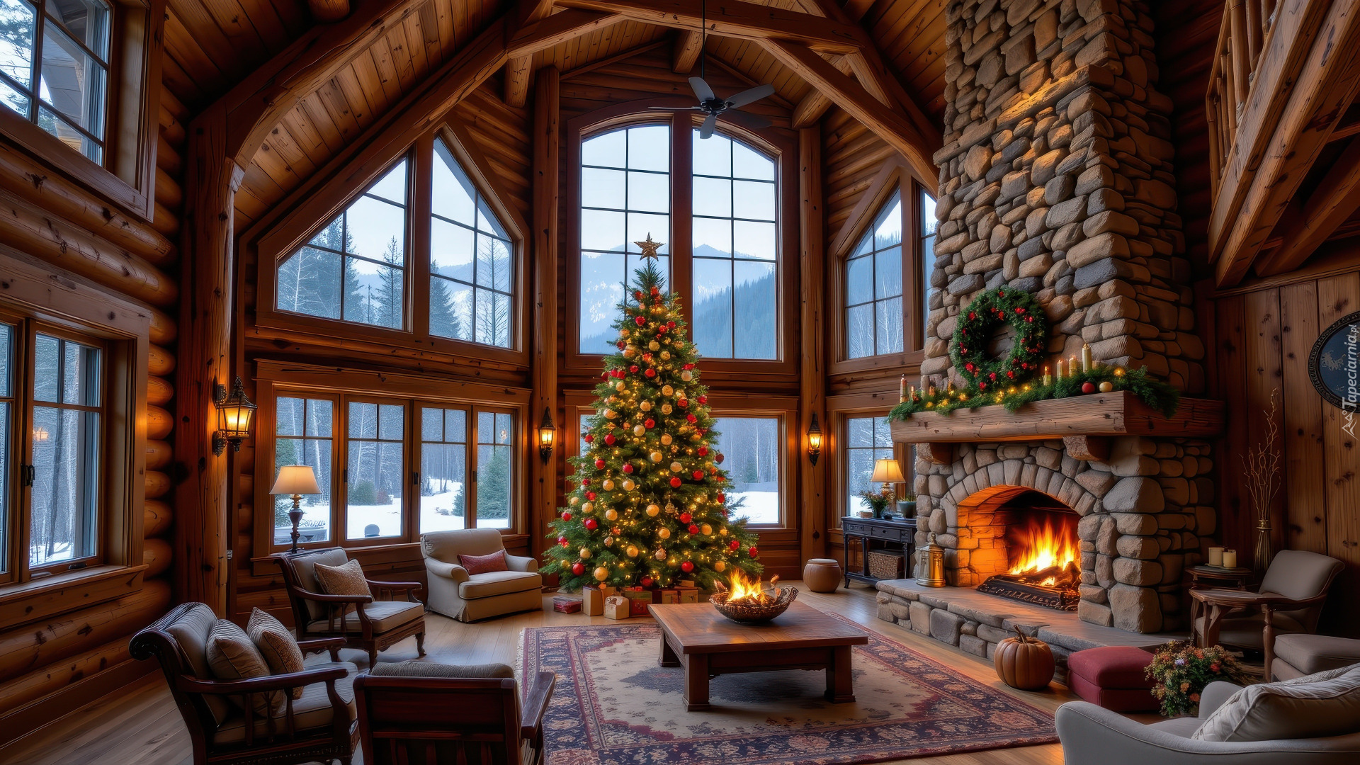 Zima, Salon, Fotele, Stolik, Kominek, Udekorowana, Choinka, Okna, Boże Narodzenie, AI