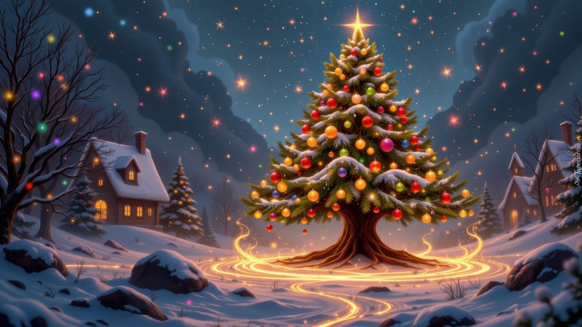 Zima, Noc, Boże Narodzenie, Ośnieżone, Domy, Oświetlona, Choinka, Fantasy