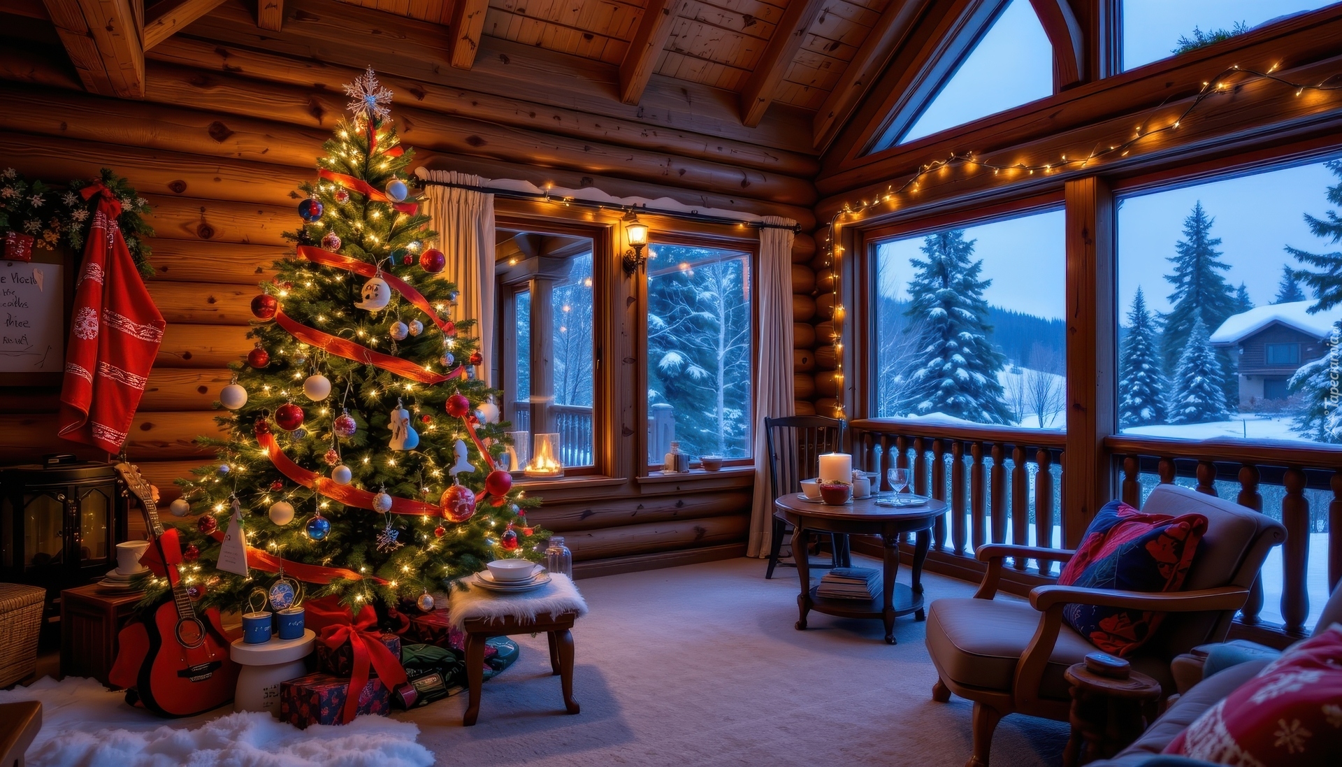 Boże Narodzenie, Zima, Choinka, Stół, Fotel