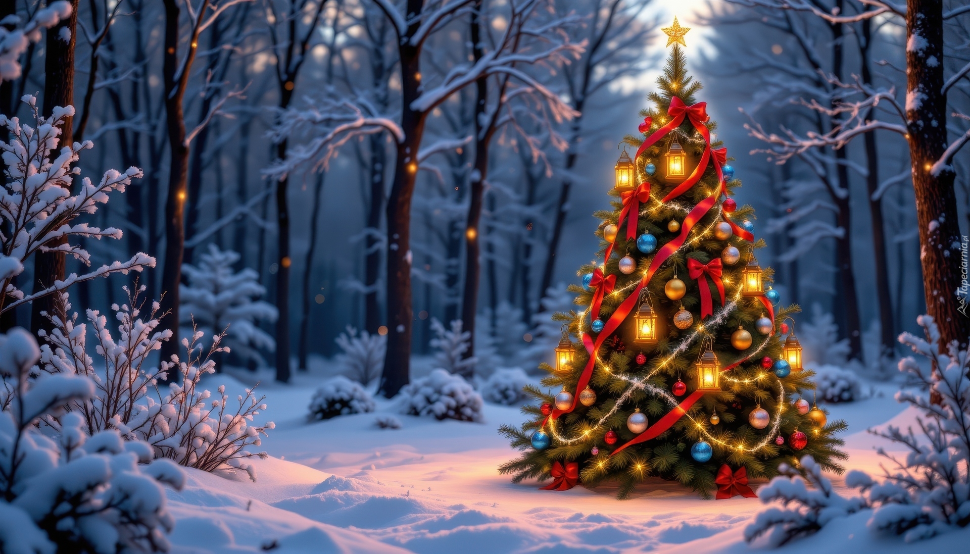 Zima, Las, Drzewa, Ośnieżone, Choinka, Boże Narodzenie, AI