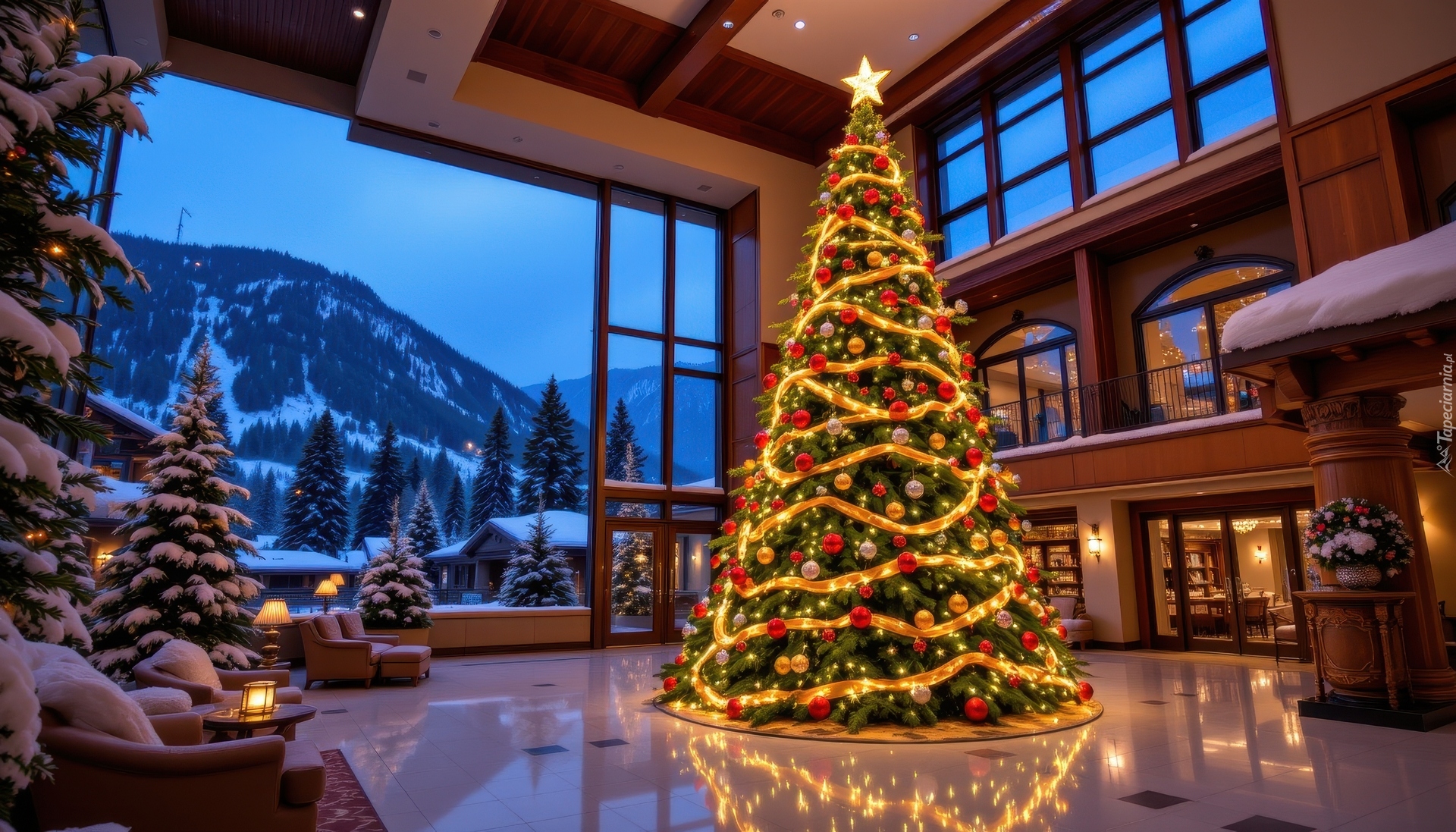Boże Narodzenie, Choinka, Salon, Okno, Góry, AI