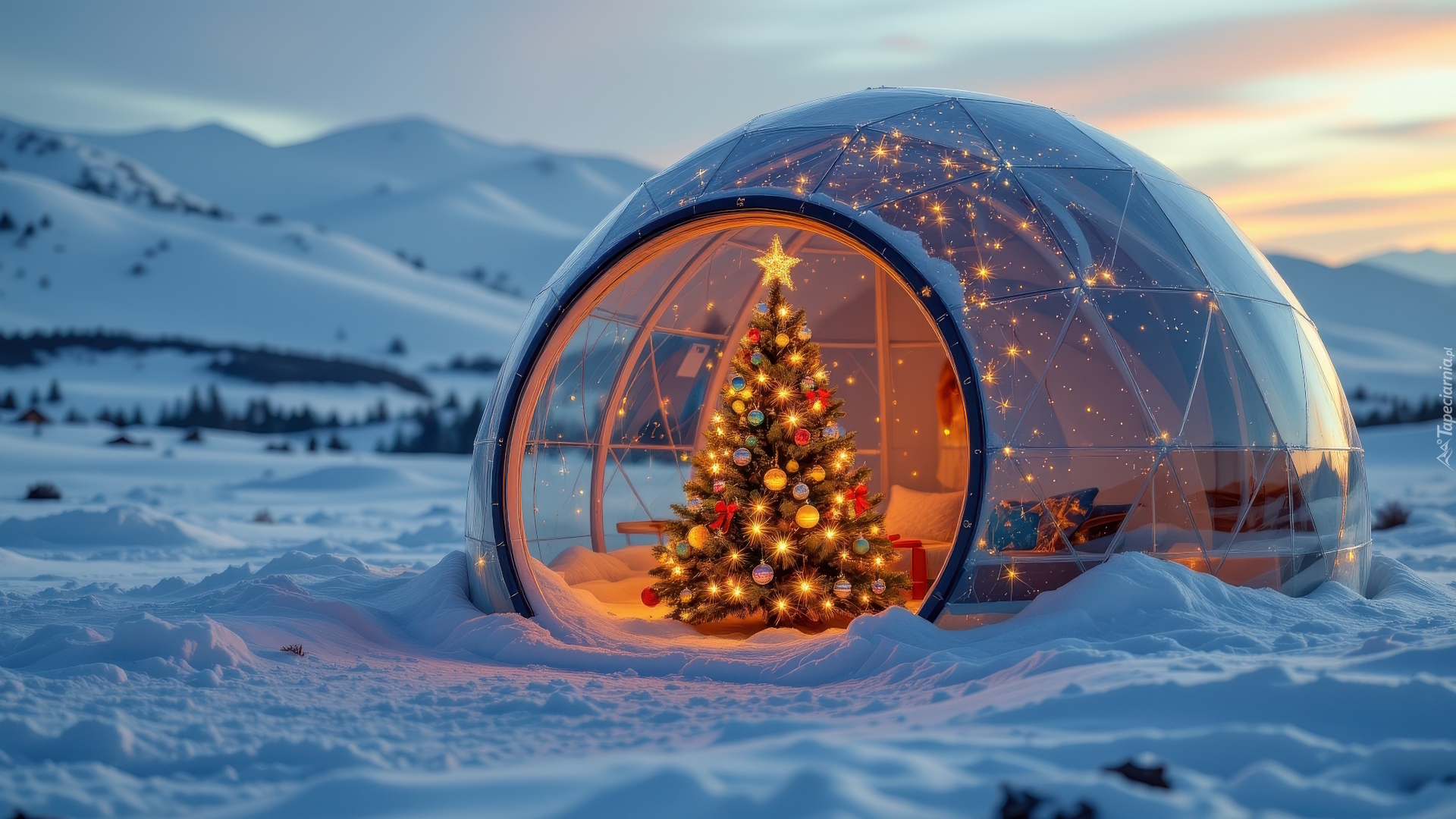 Zima, Góry, Boże Narodzenie, Udekorowana, Choinka, Igloo