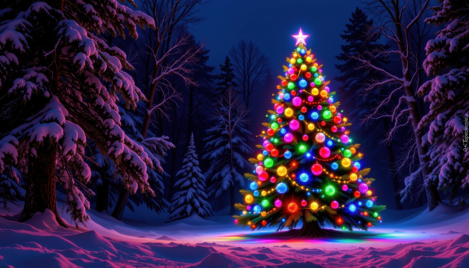 Boże Narodzenie, Choinka, Bombki, Ośnieżone, Drzewa, Zima, Las, Noc, AI