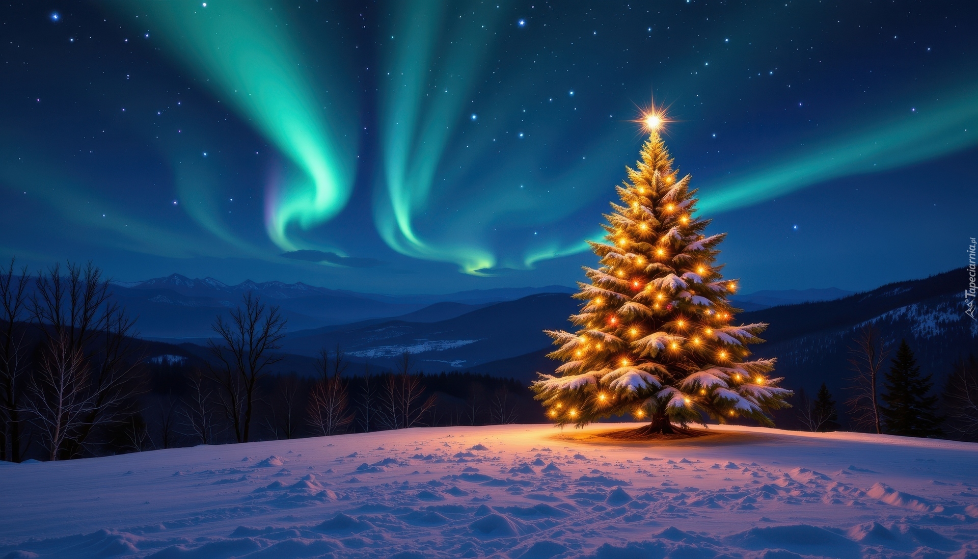 Zima, Boże Narodzenie, Choinka, Zorza polarna, Góry