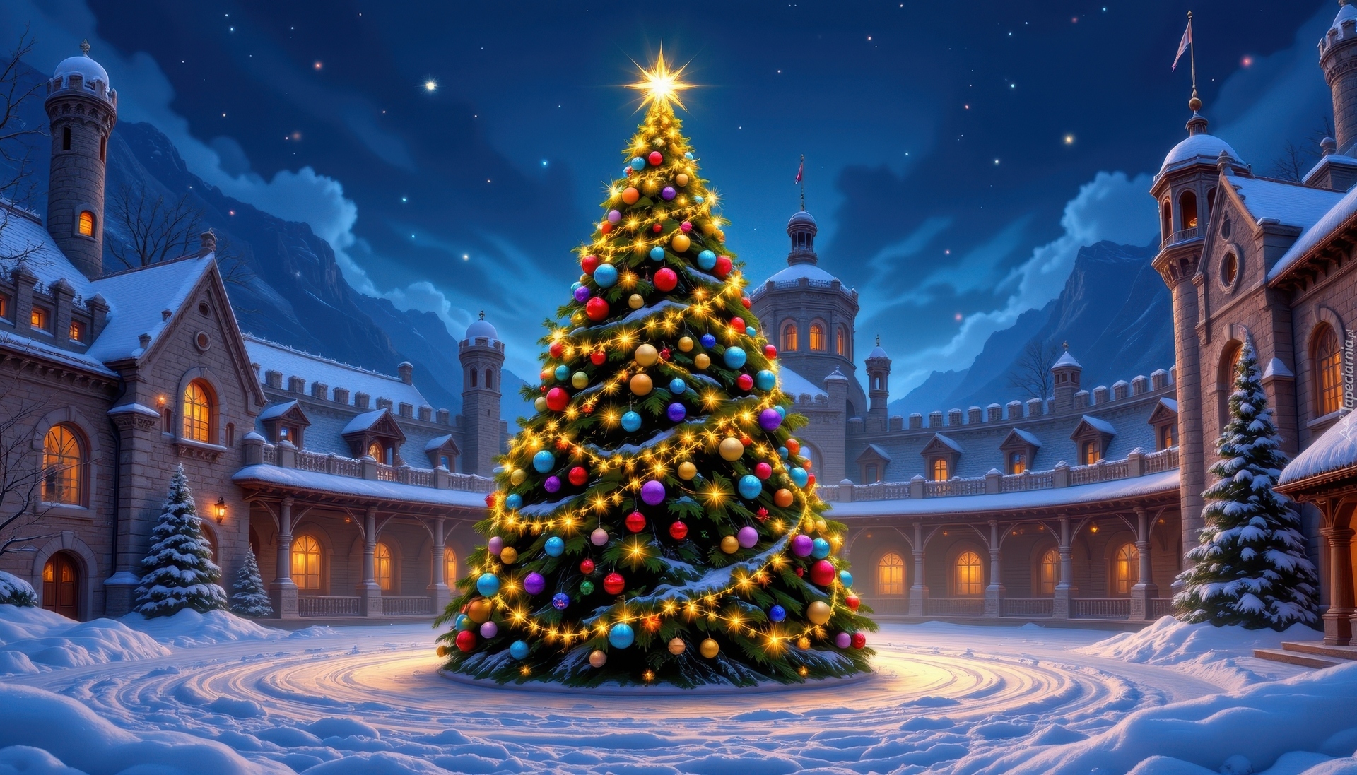 Boże Narodzenie, Udekorowana, Choinka, Zima, Domy, Wieża