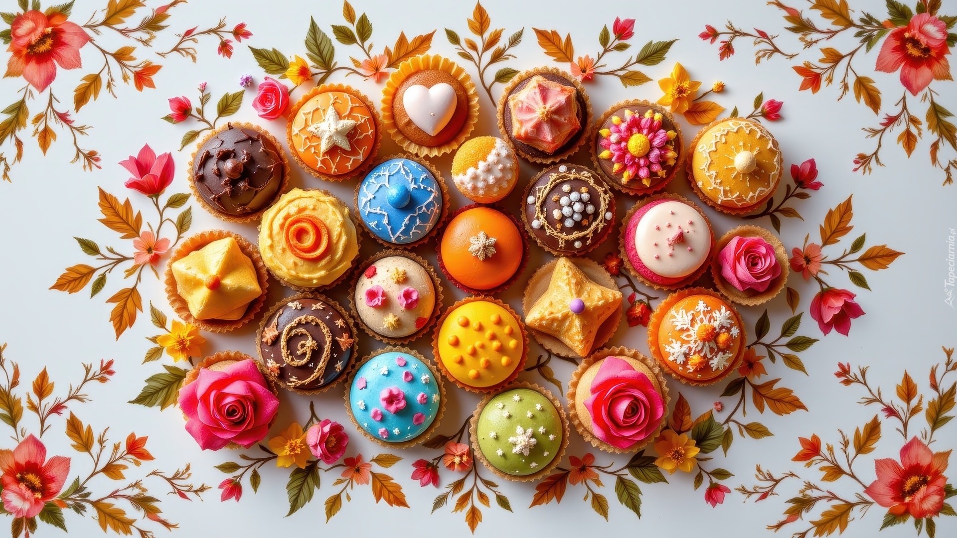 Udekorowane, Babeczki, Kwiaty, Listki