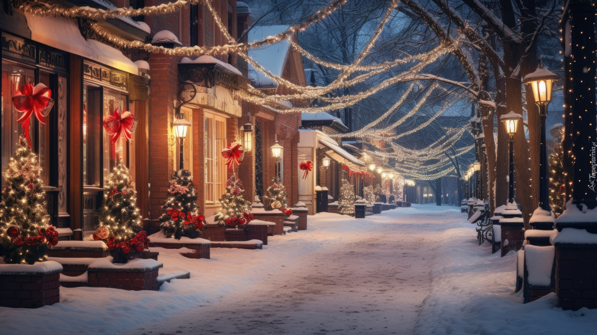 Zima, Ulica, Dekoracje, Latarnie, Domy, Boże Narodzenie
