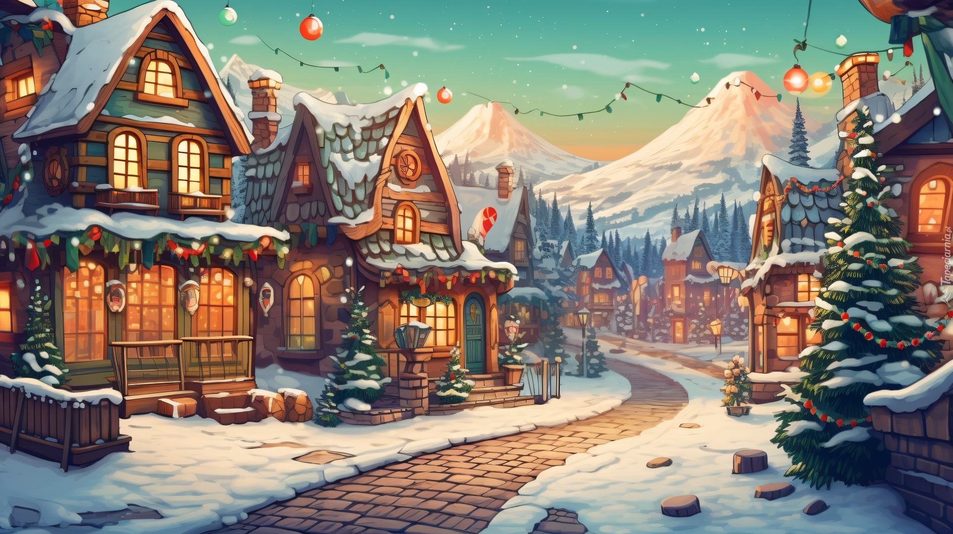 Zima, Góry, Boże Narodzenie, Ośnieżone, Domy, Ulica, Choinki, Śnieg, Droga, Grafika