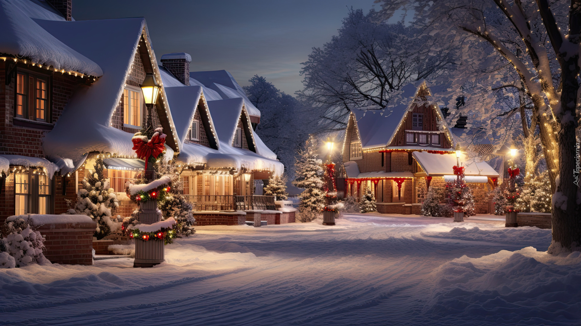 Zima, Domy, Latarnie, Oświetlenie, Boże Narodzenie