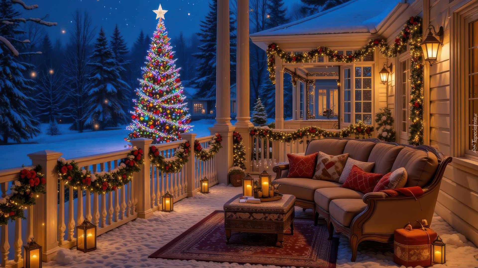 Dom, Taras, Kanapa, Dekoracje, Świąteczne, Choinka, Boże Narodzenie