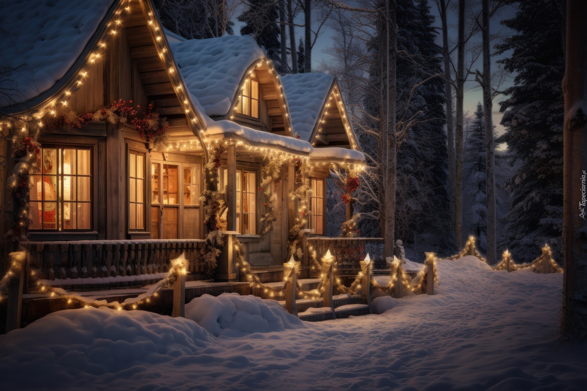 Zima, Boże Narodzenie, Dom, Dekoracje, Las, Drzewa