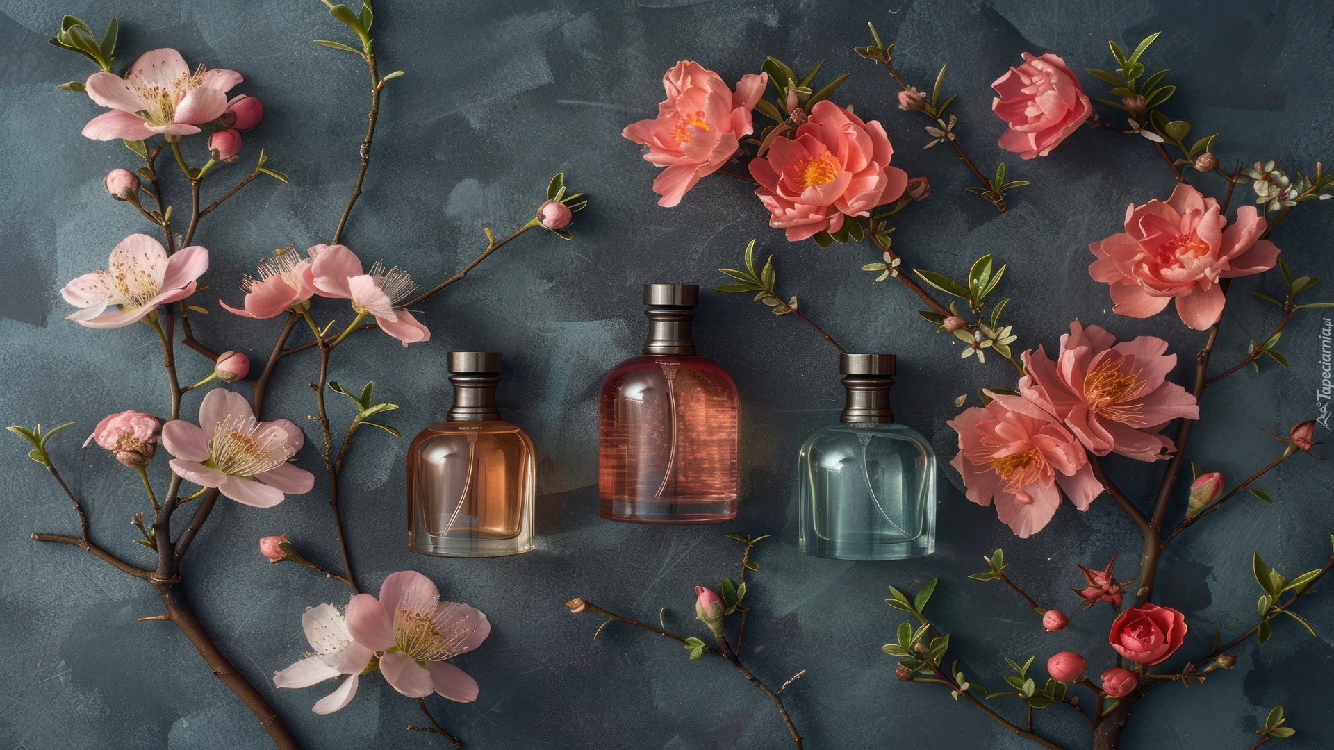 Perfumy, Trzy, Flakony, Kwiaty, Kompozycja