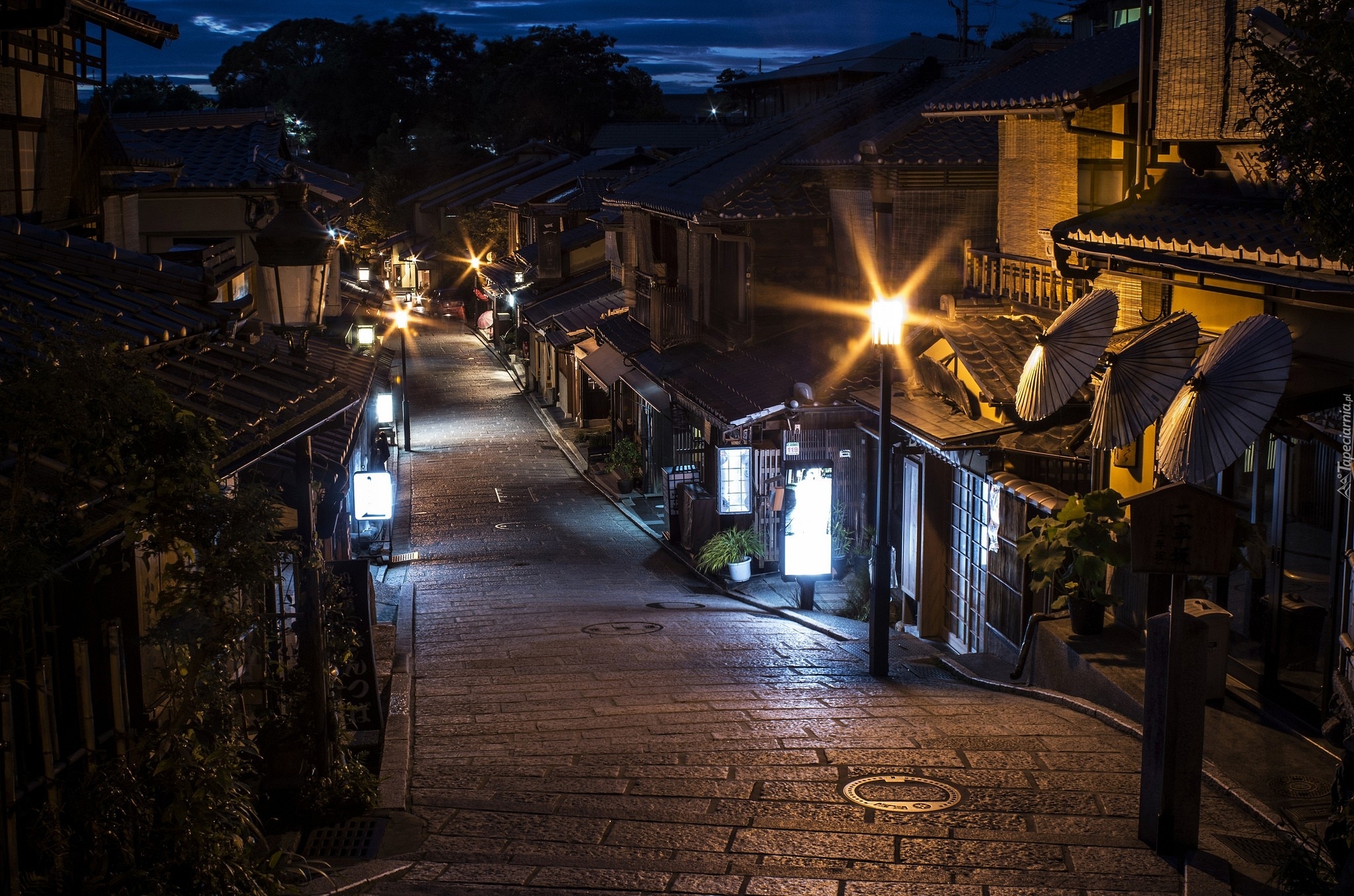 Japonia, Kyoto, Ulica, Domy, Noc