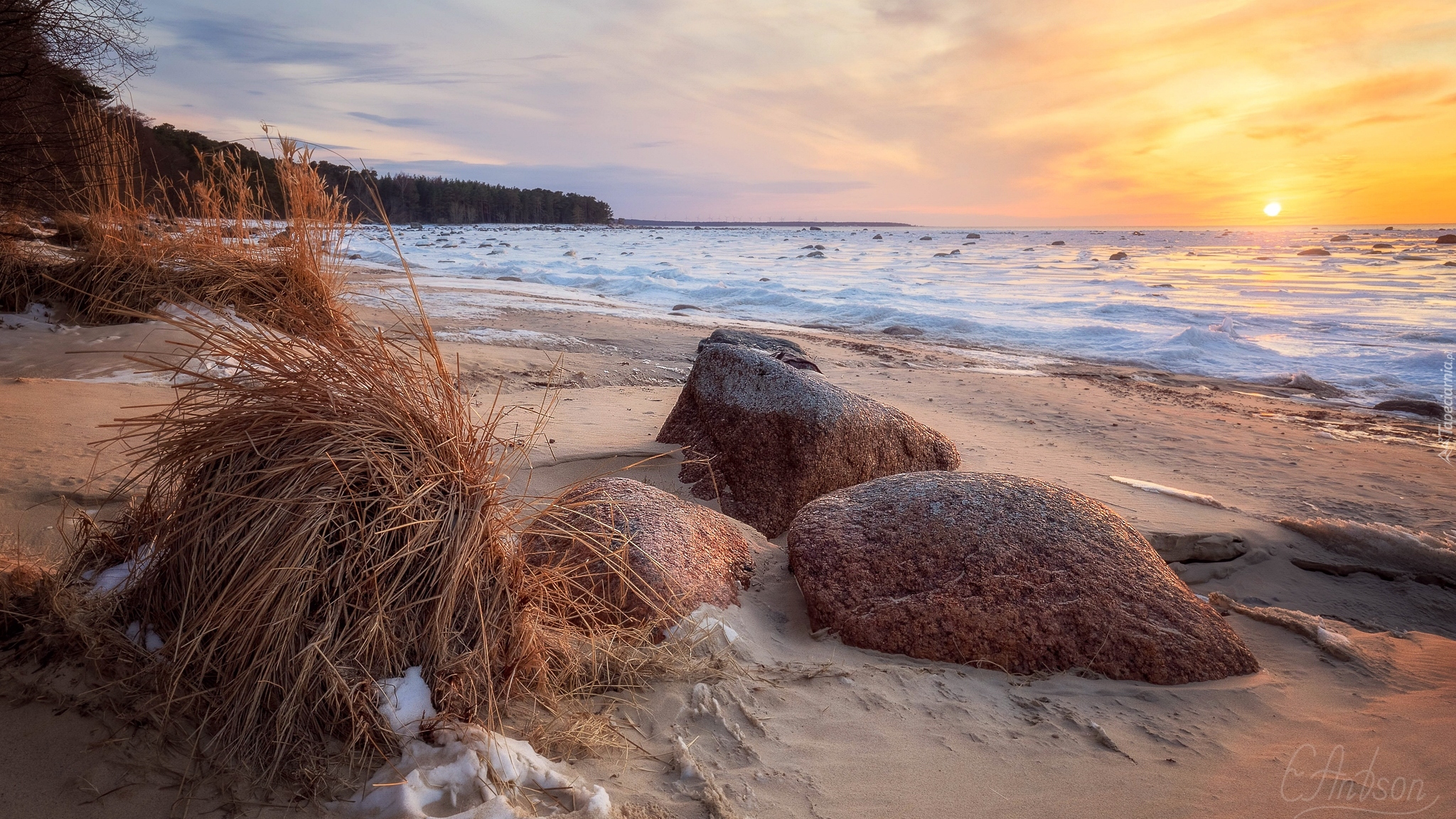 Morze, Plaża, Trawa, Kamienie, Wschód słońca