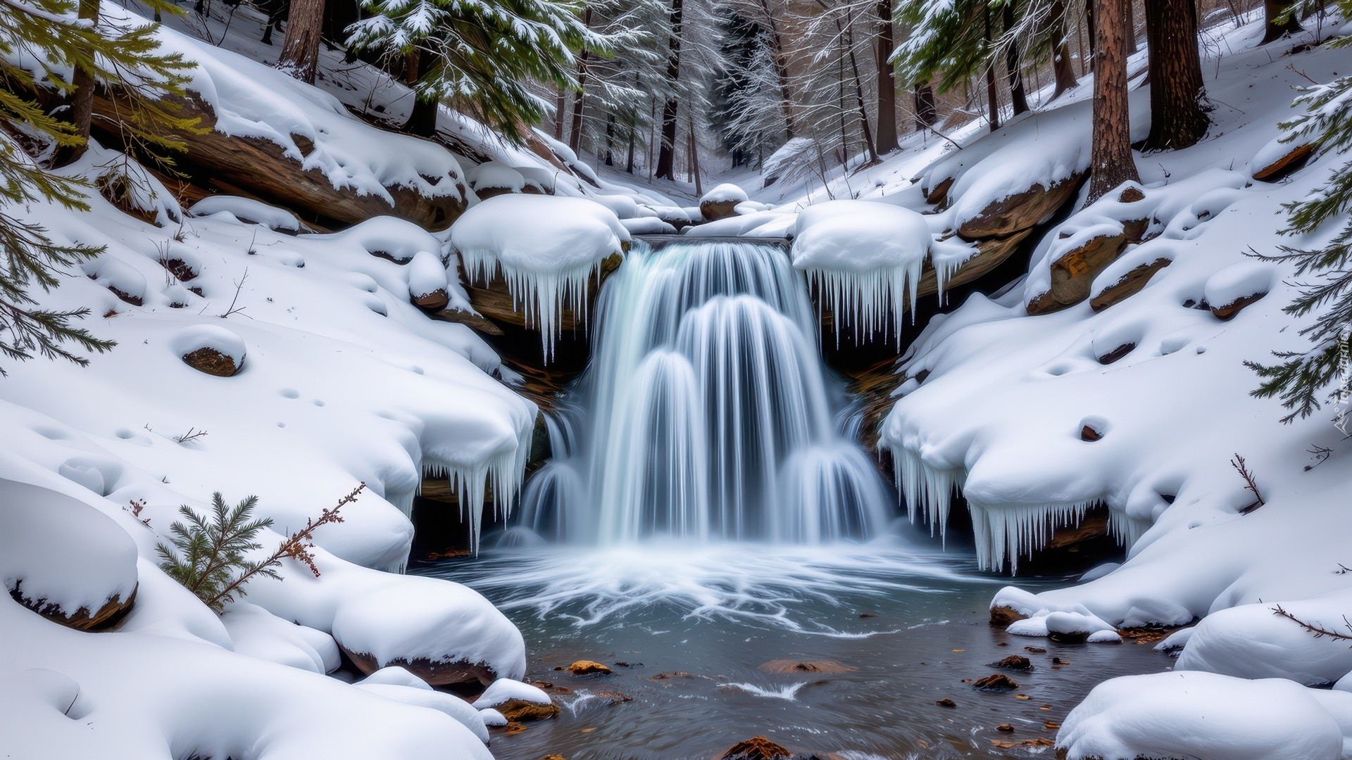 Zima, Las, Rzeka, Uskok, Zwisające, Sople, Lodu, Śnieg