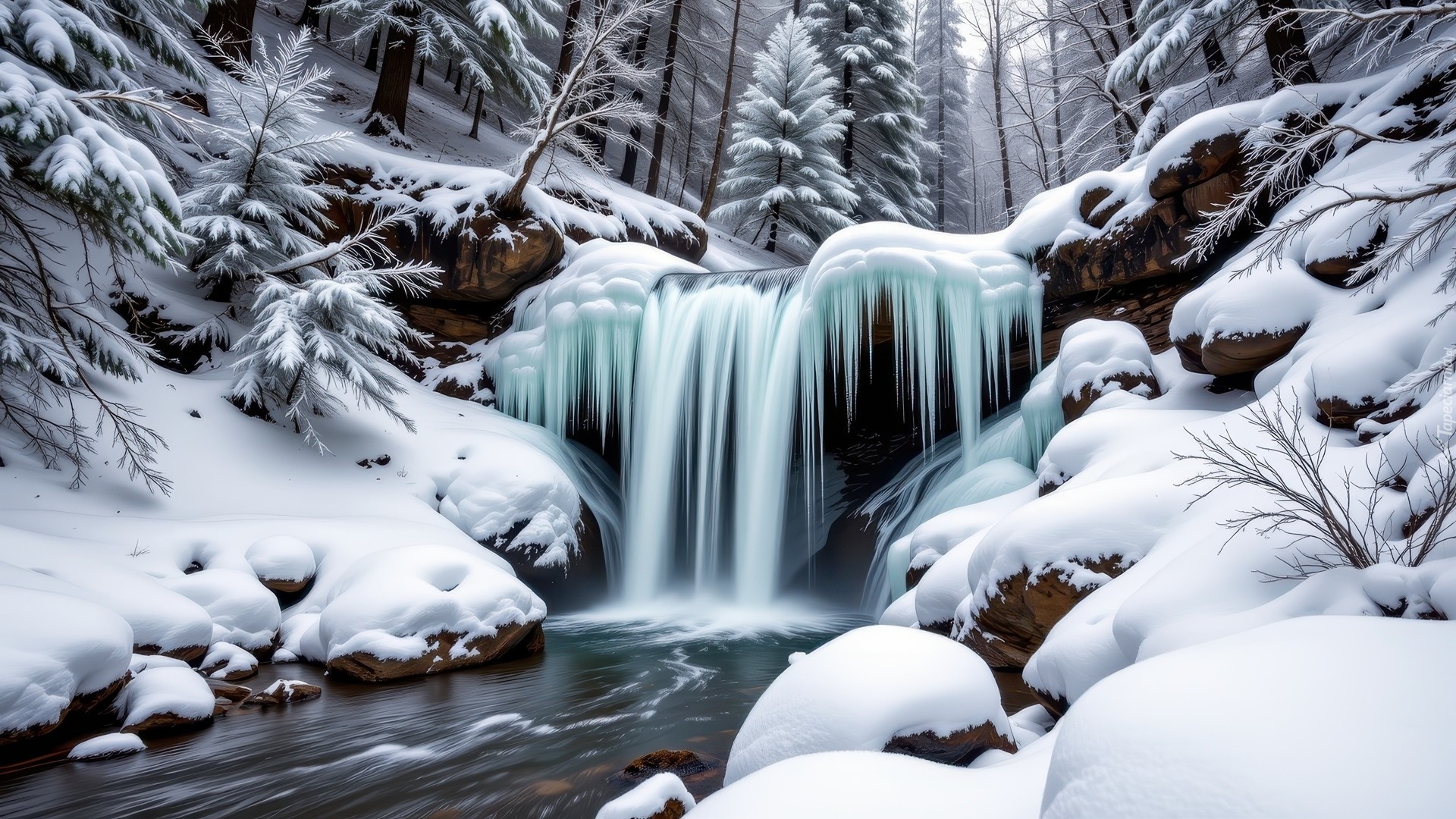 Skały, Uskok, Sople, Lodu, Śnieg, Zima, Ośnieżone, Drzewa