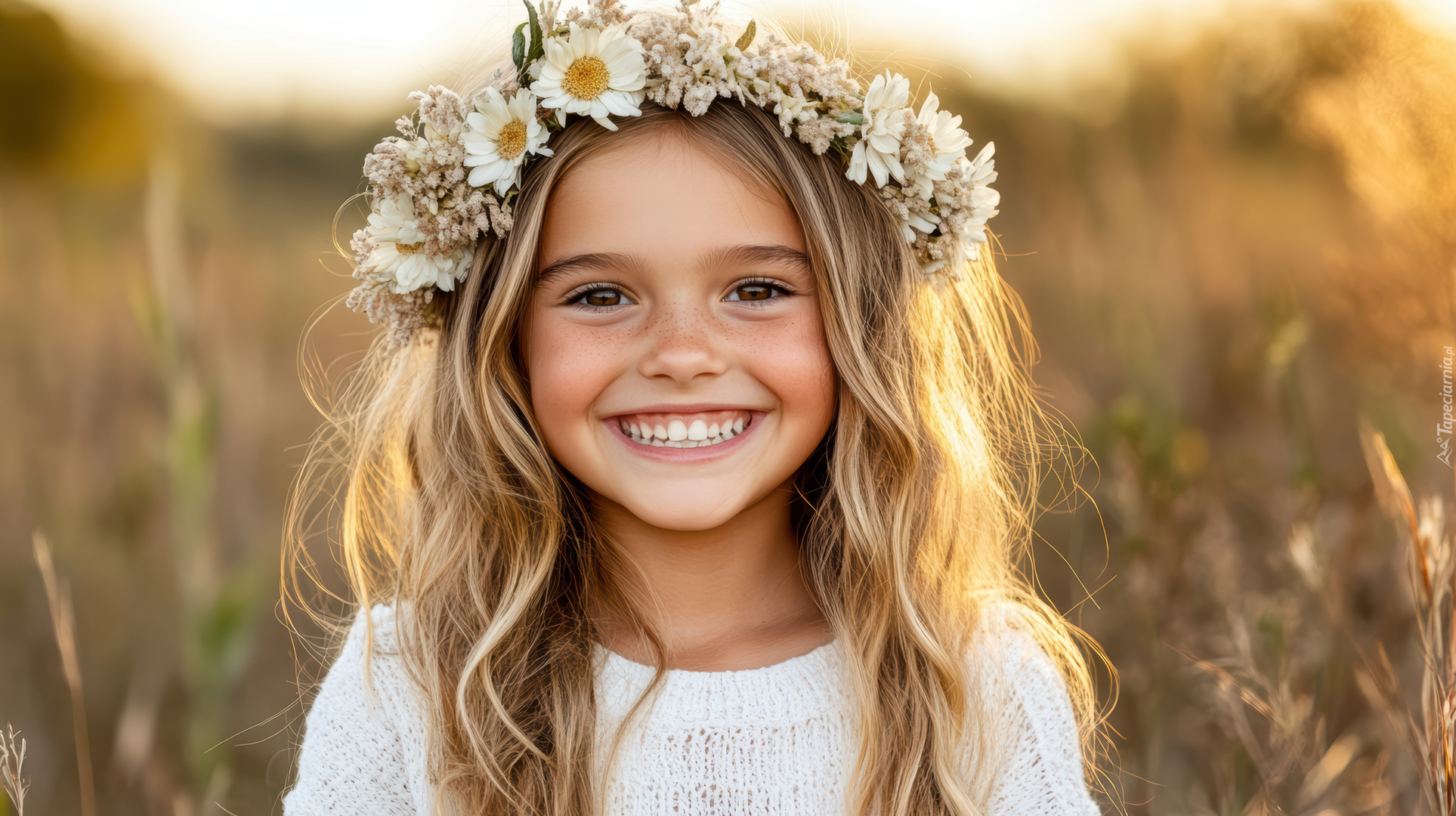 Uśmiechnięta, Dziewczynka, Blondynka, Kwiaty, Wianek