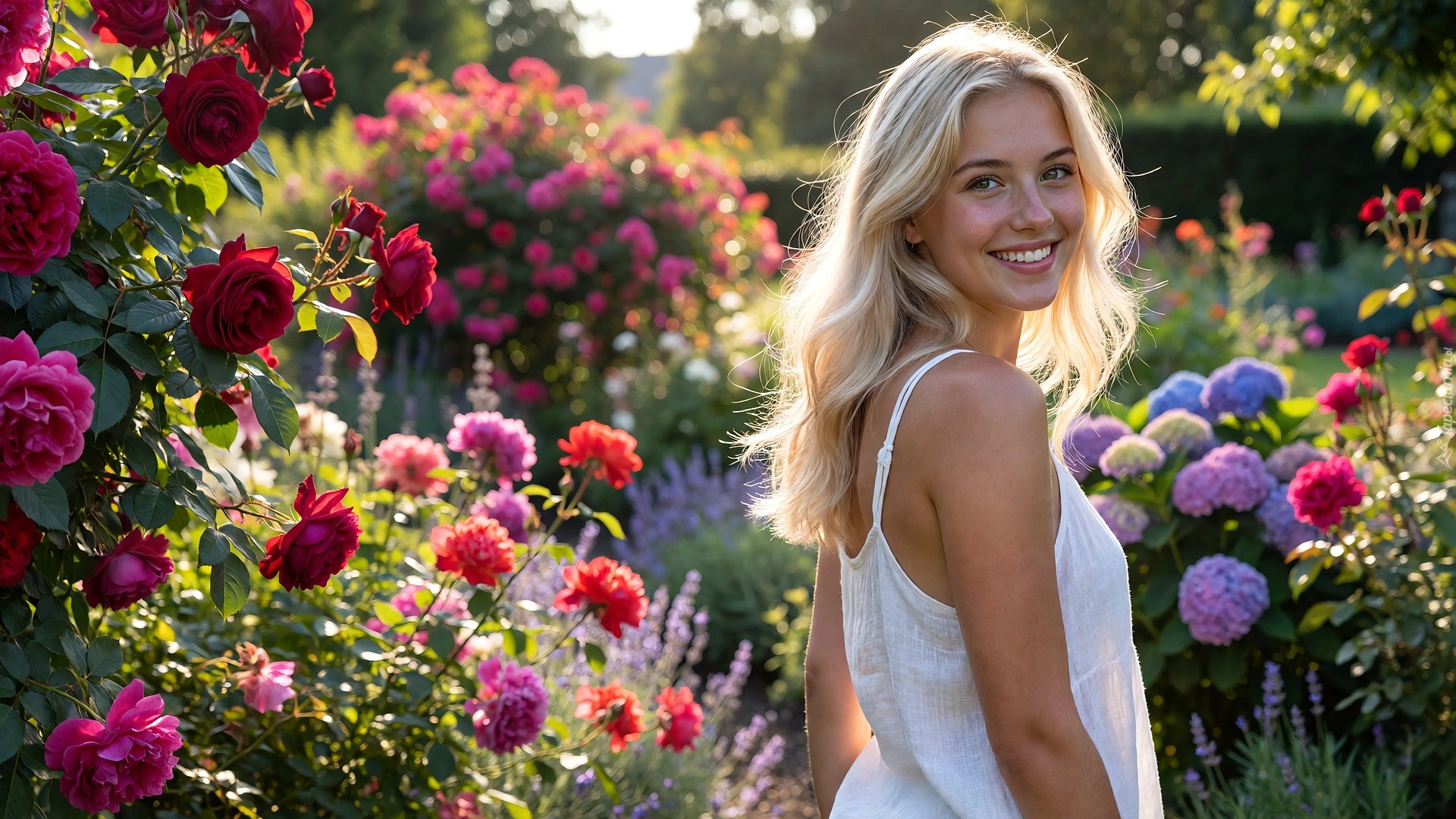 Kobieta, Blondynka, Kwiaty, Ogród