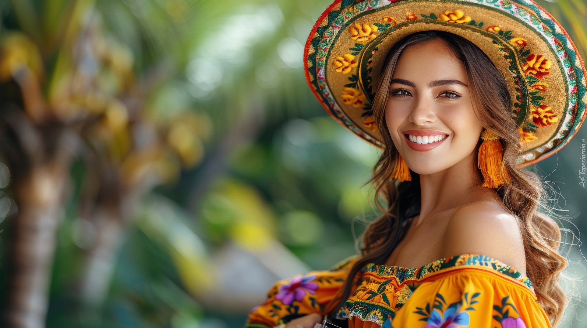 Uśmiechnięta, Długowłosa, Kobieta, Kapelusz, Kolczyki, Sukienka