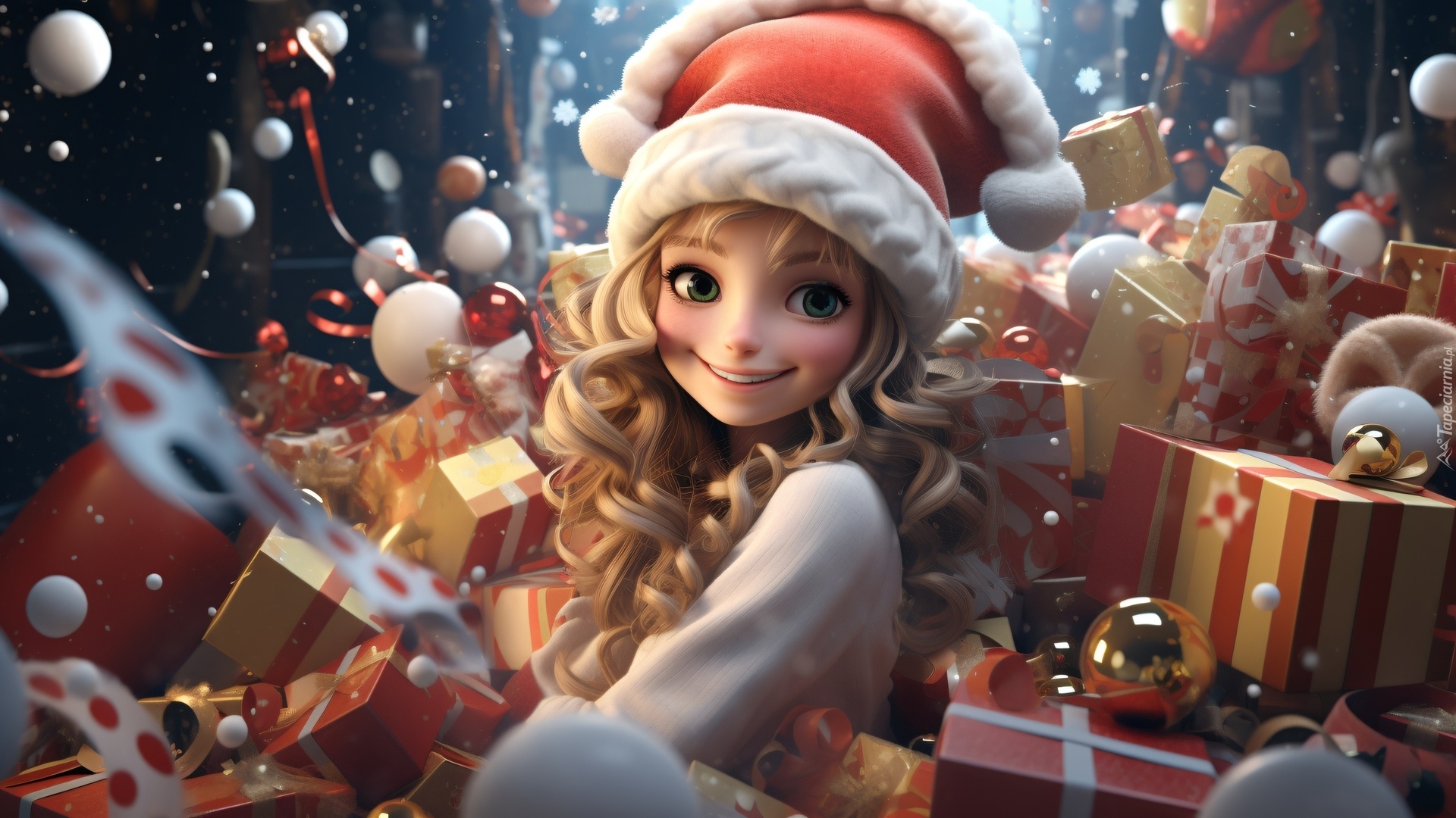 Dziewczyna, Uśmiech, Prezenty, Bombki, Czapka, AI