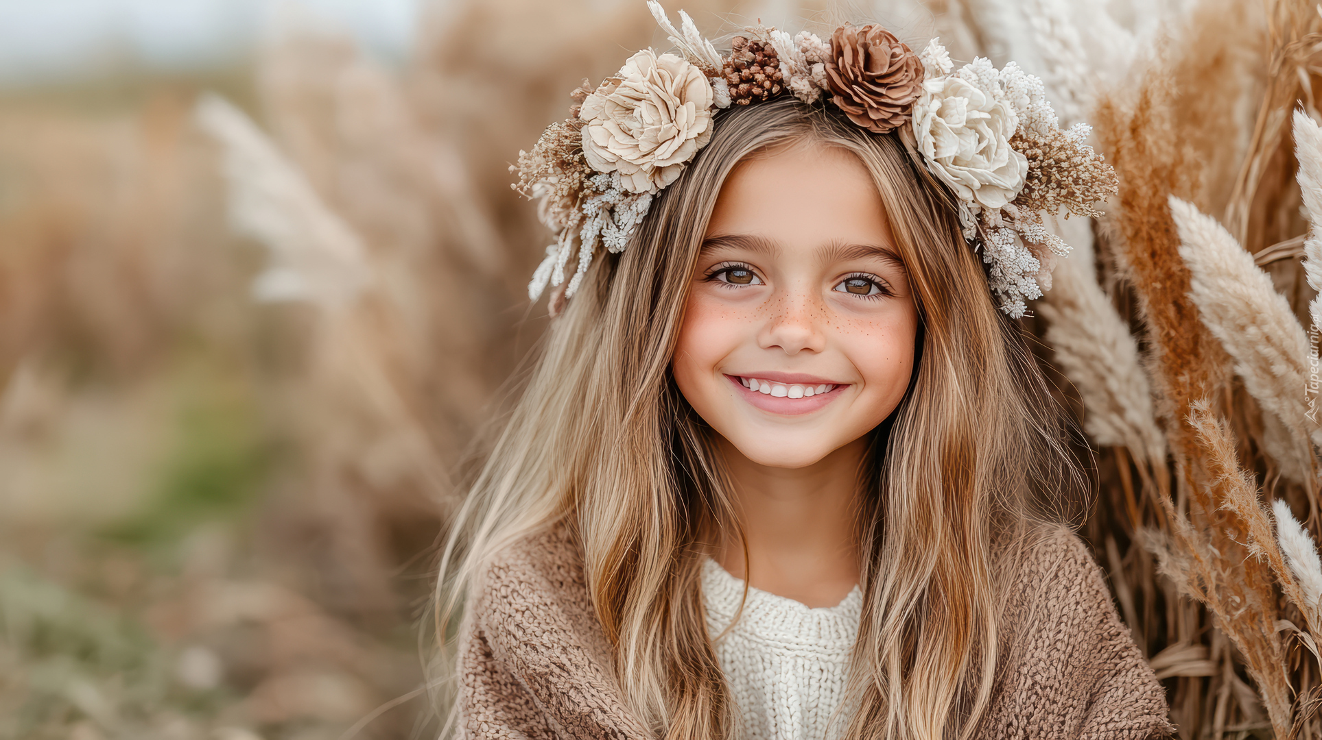 Uśmiechnięta, Dziewczynka, Blondynka, Wianek, Kwiaty, Trawa