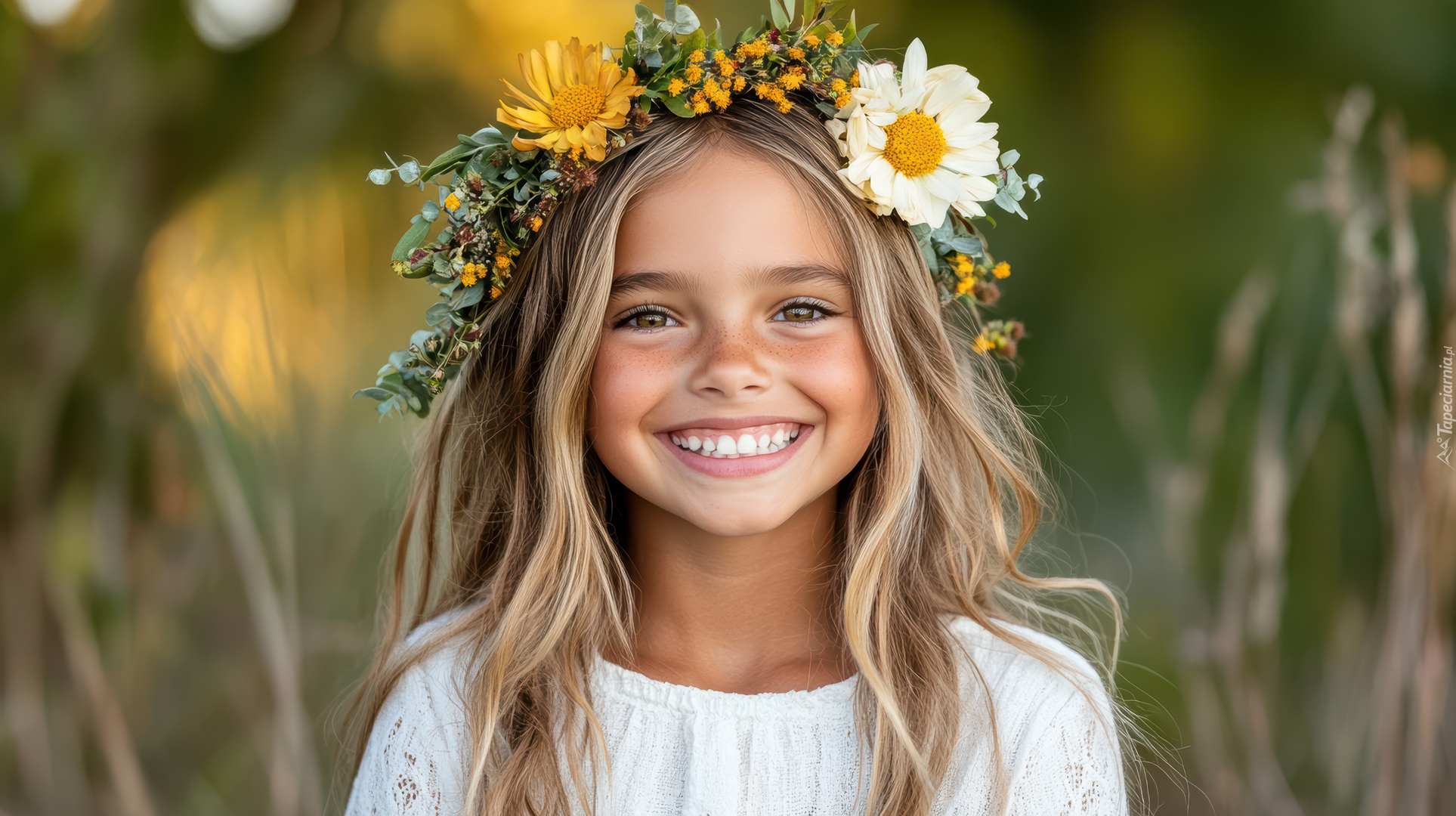 Uśmiechnięta, Dziewczynka, Blondynka, Wianek, Kwiaty