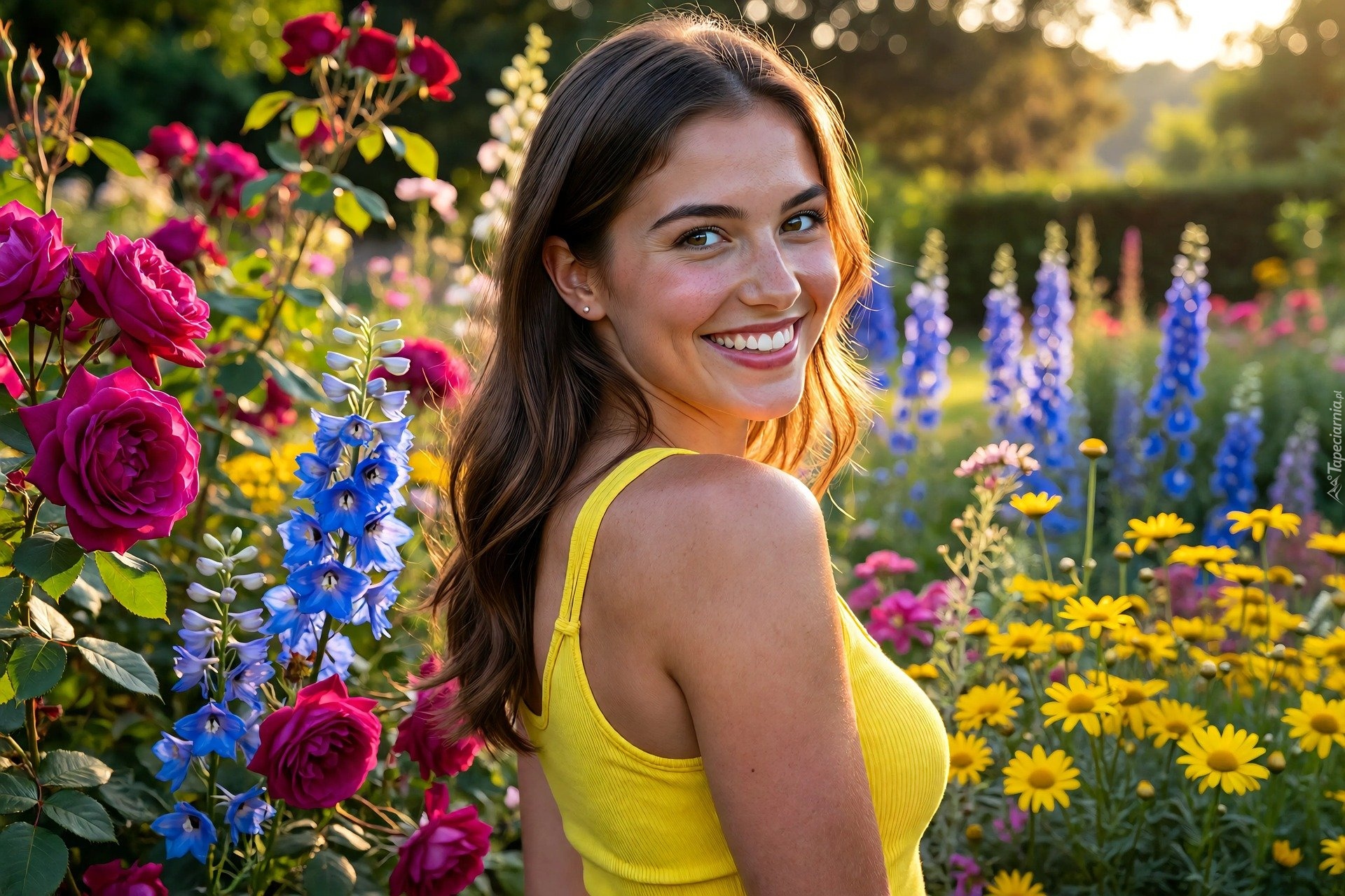Kobieta, Uśmiechnięta, Kwiaty, Ogród
