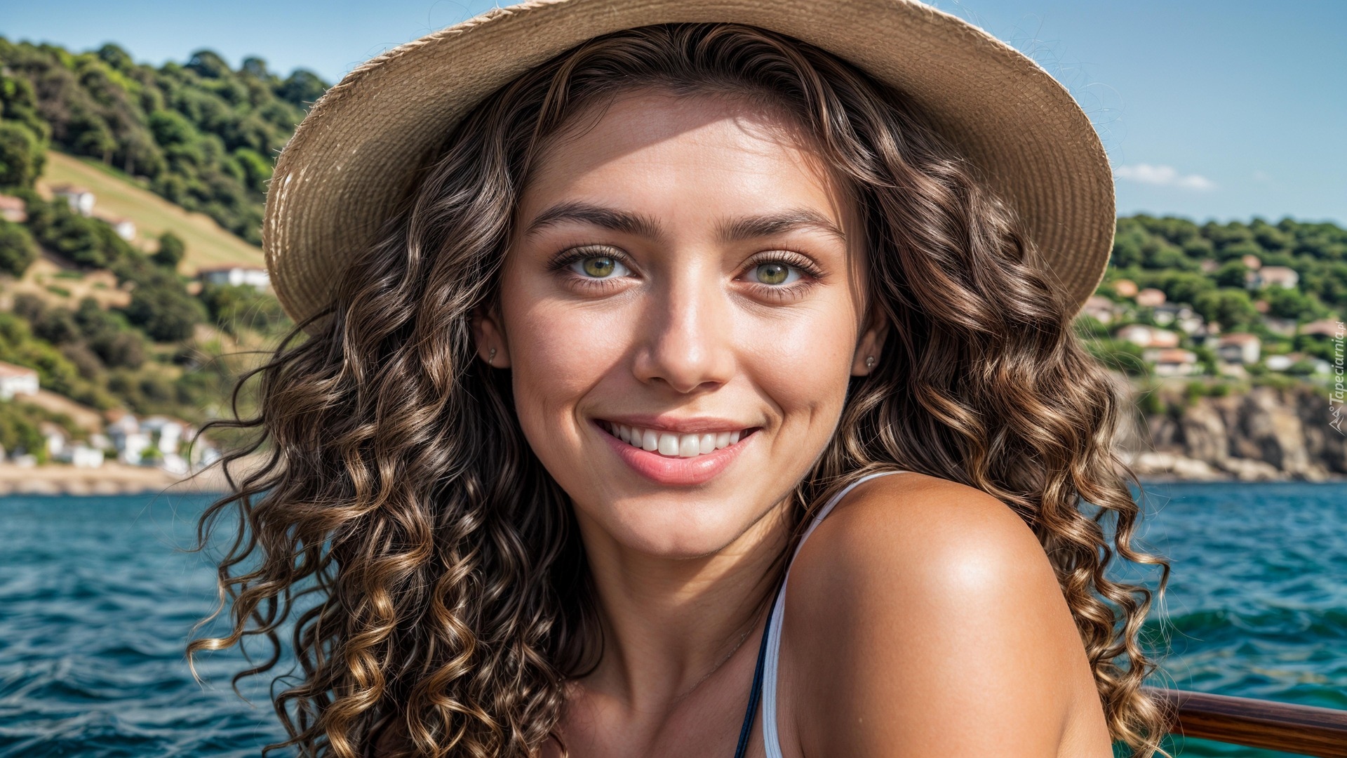 Kobieta, Kapelusz, Kręcone, Włosy, Uśmiech