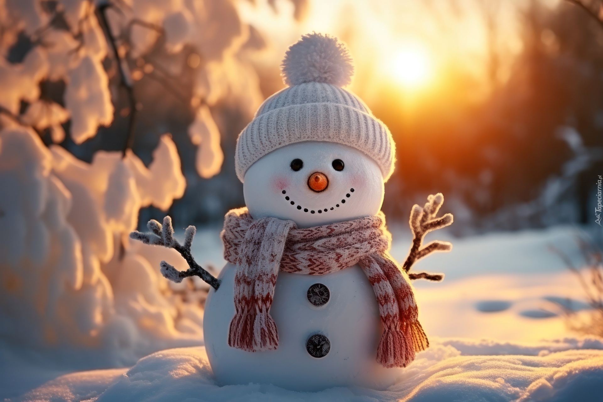 Bałwanek, Szalik, Czapka, Zachód słońca, Grafika AI