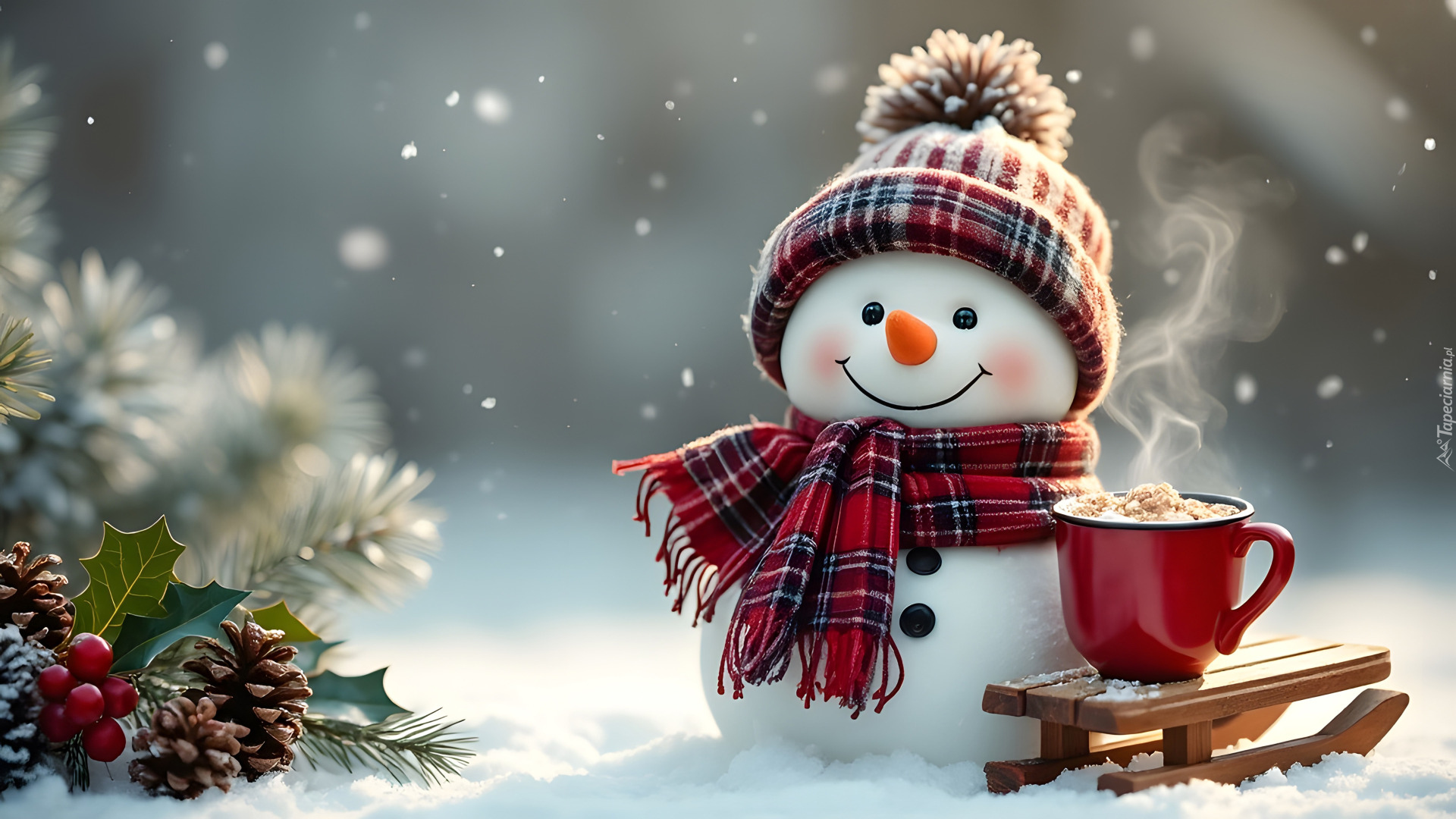 Zima, Śnieg, Bałwan, Czapka, Szalik, Sanki, Kubek, Szyszki, Ostrokrzew