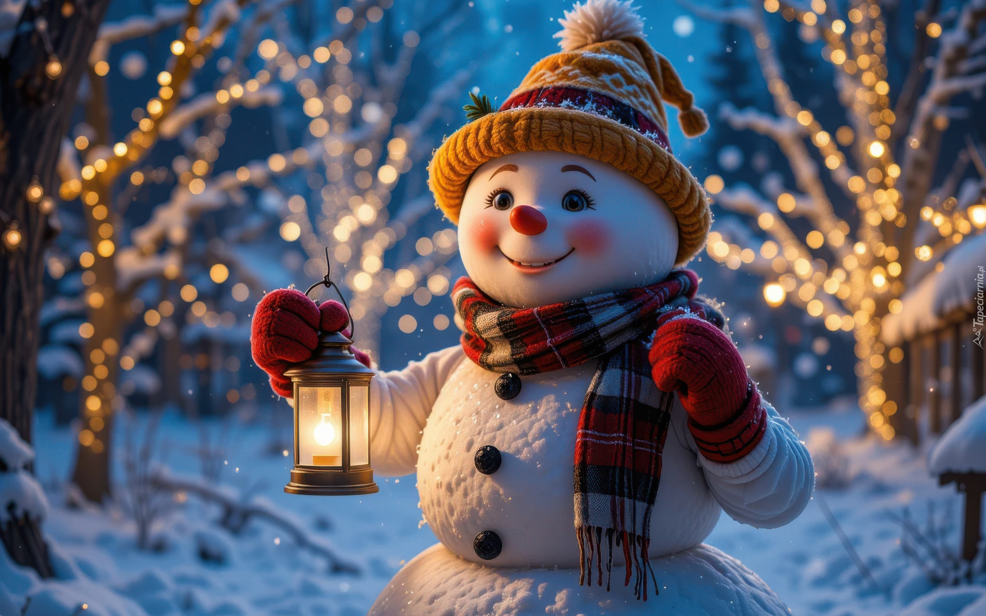 Zima, Śnieg, Bałwanek, Czapka, Szalik, Rękawiczki, Lampion, Uśmiech, Drzewa, Girlandy, AI