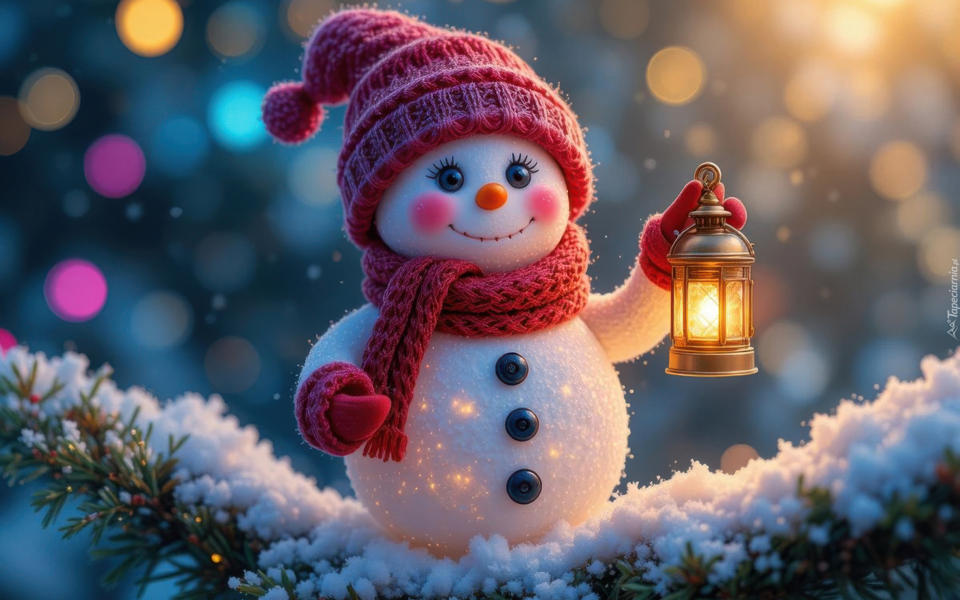 Zima, Światło, Bałwan, Czapka, Szalik, Uśmiech, Latarnia, Gałązka, Śnieg, AI
