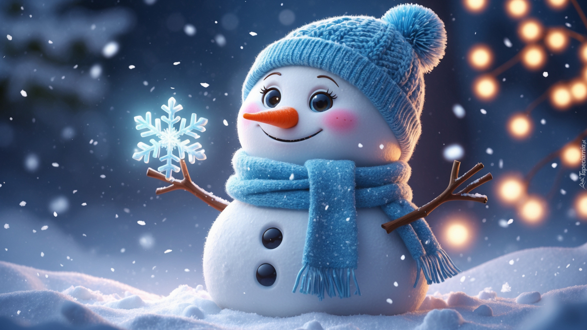 Zima, Bałwan, Czapka, Szalik, Uśmiech, Śnieżynka, Śnieg, Światełka