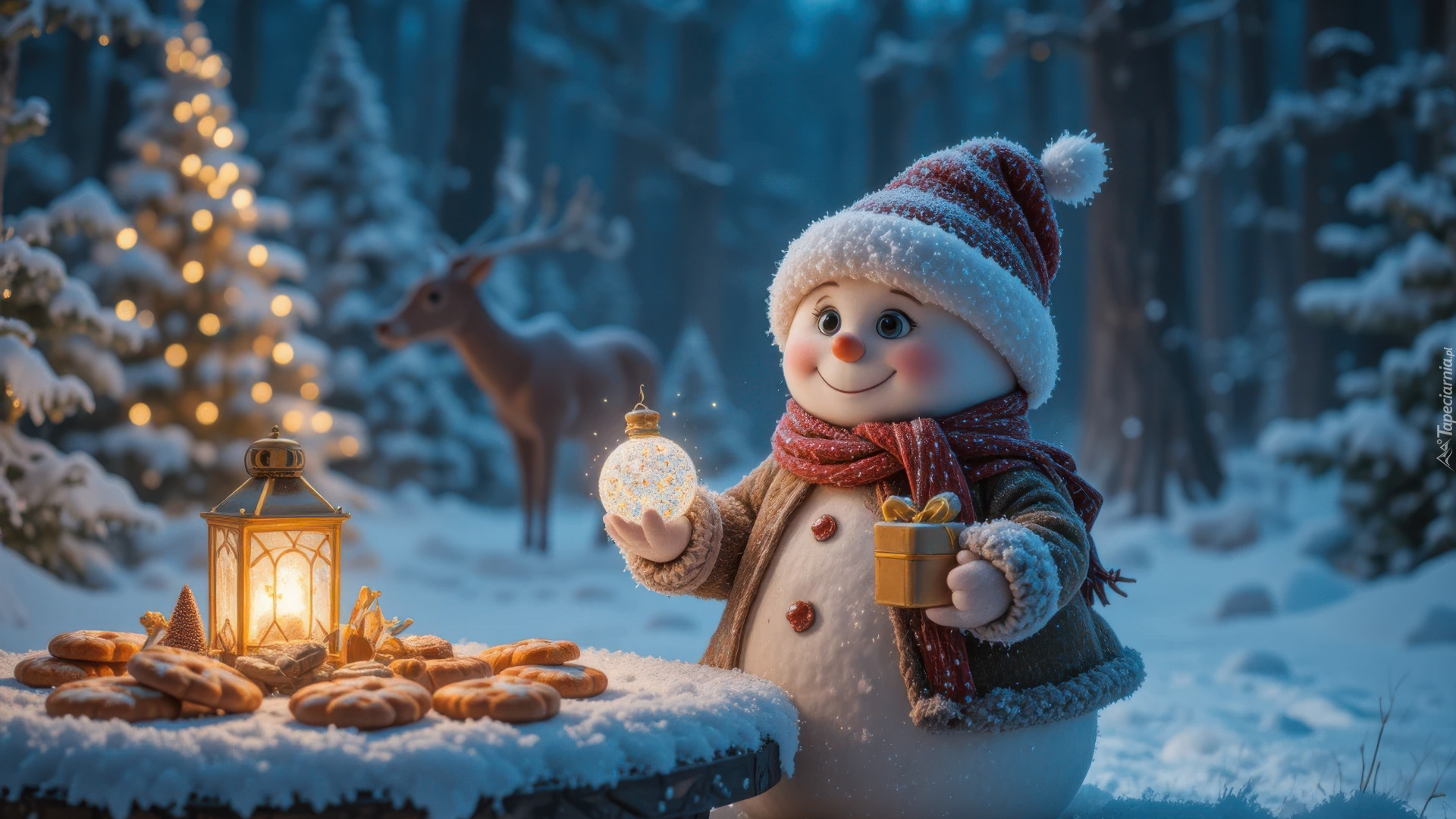 Zima, Bałwanek, Prezenty, Lampion, Ciastka, Choinka, Stolik